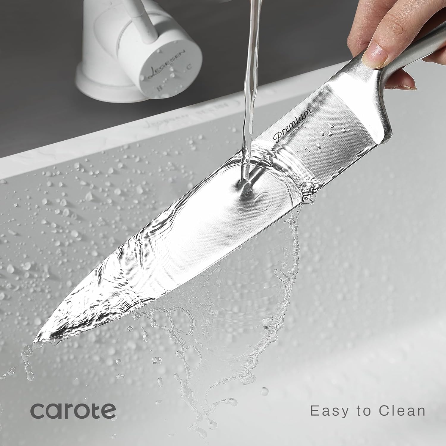 CAROTE 12-Piece Knife Set, All-Stainless Steel Knife Block Set, Kitchen Knives with Wooden Block, Razor-Sharp and Ergonomic, Dishwasher Safe