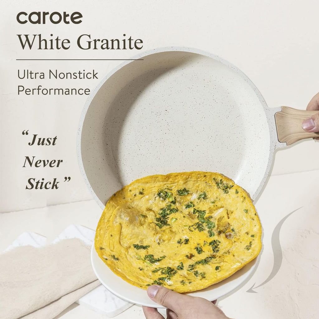 CAROTE Non Stick Frying Pan Skillet Set, Omelet Pan, Healthy Non Toxic Granite Chef Pan, Induction Compatible Egg Frying Pan with Heat-Resistant Handle, PFOA-Free,Black, 8"+10"+12"