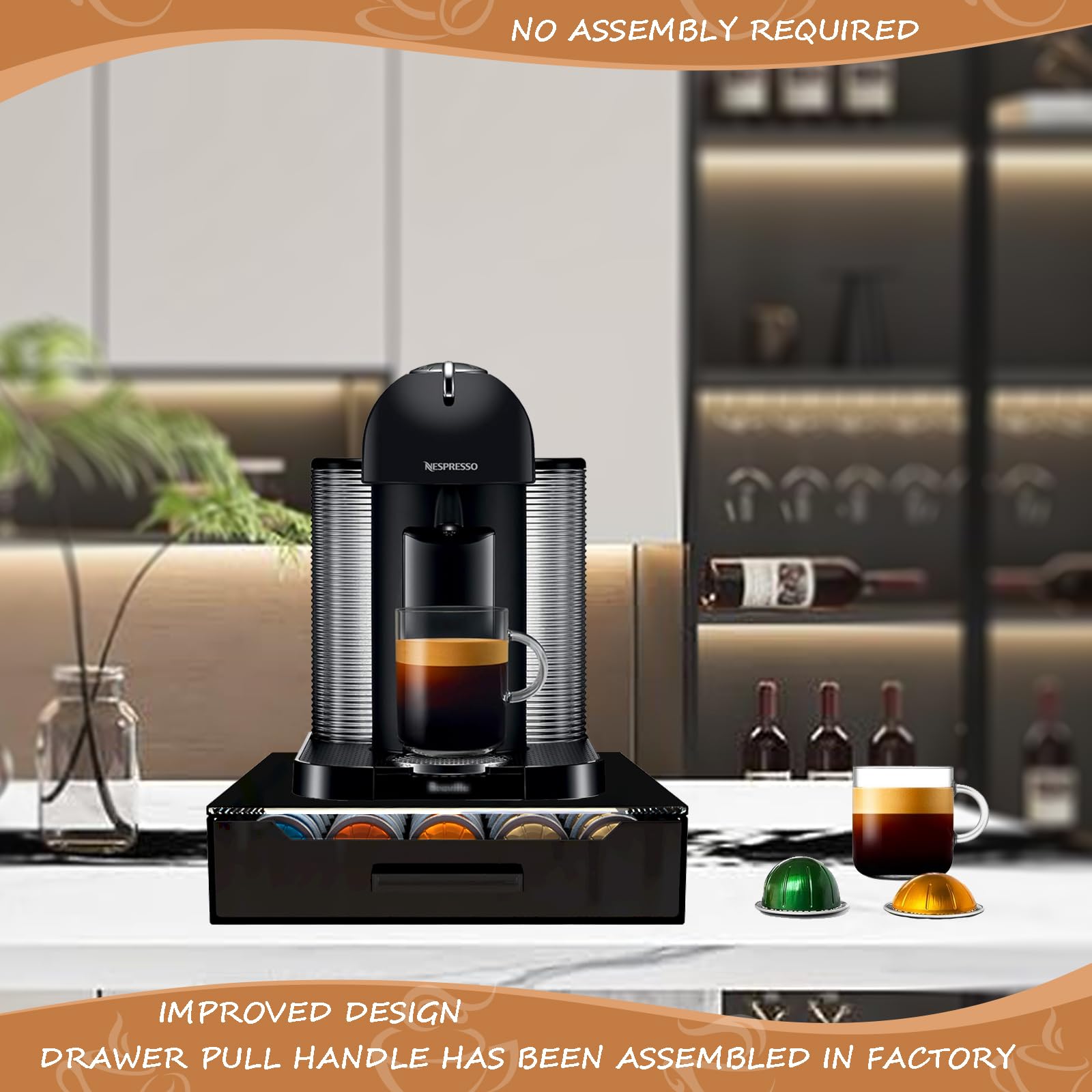 Vertuo Pod Holder Drawer with Deluxe Black Tempered Glass Top, Compatible for Nespresso VertuoLine Pods, Holds up to 75 Small or 50 Big Vertuo Pods Compact Design (Piano Black Nespresso Pods Holder)