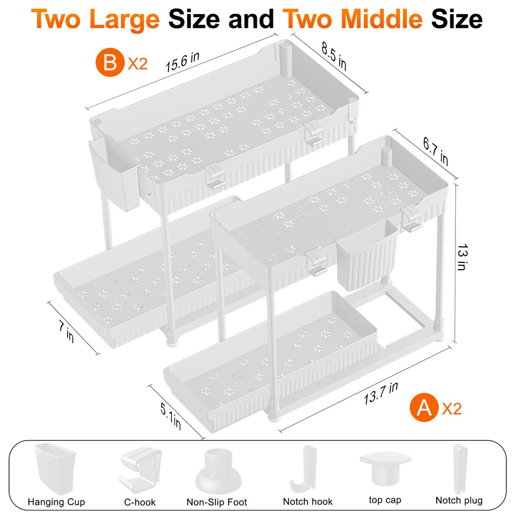 4 Pack Under Sink Organizer, Bathroom Organizers and Storage, 2 Tier Multi-Use Pull Out Cabinet Organizer with Hang Hooks and Cups (Black, 4 Pack)