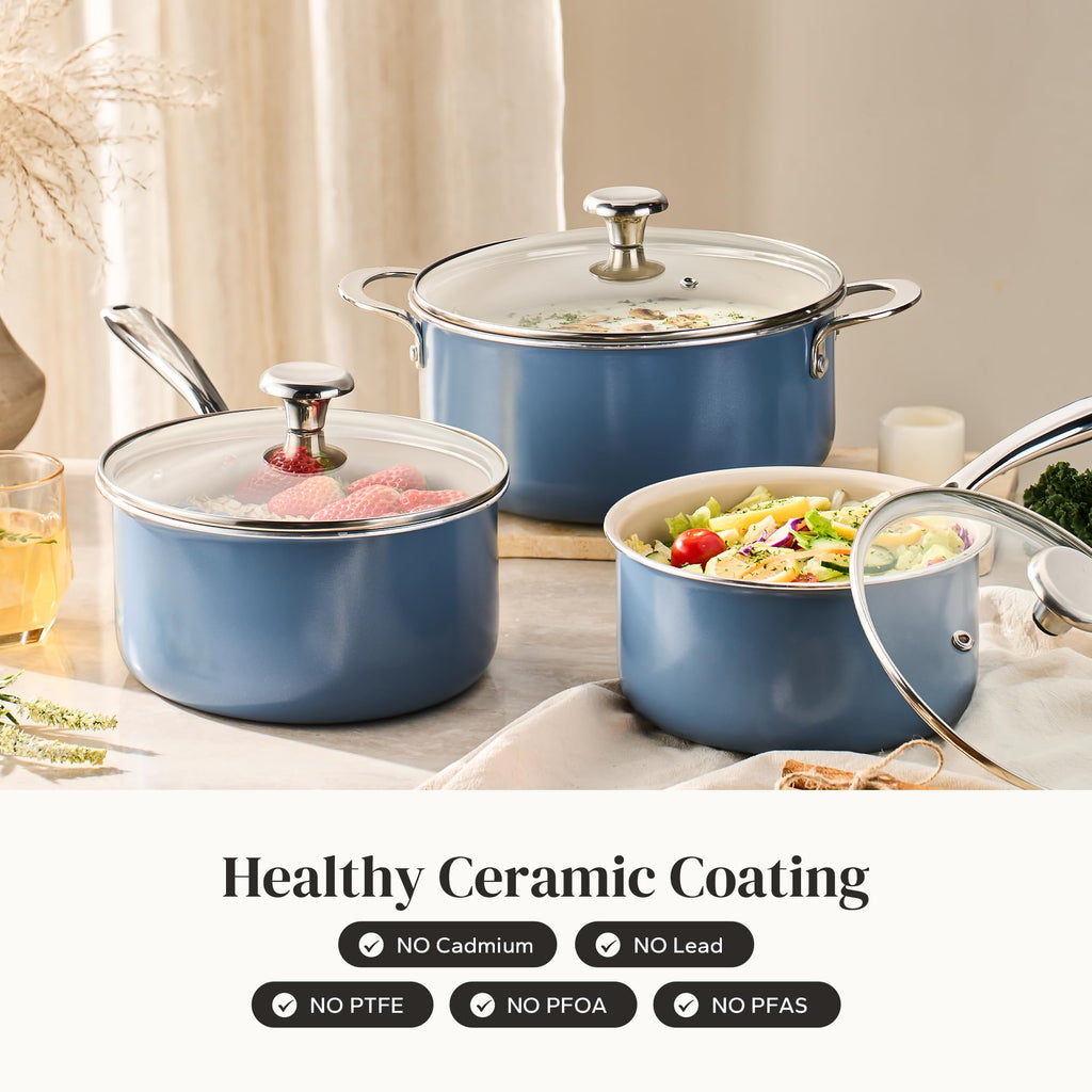 Redchef Cooking Pot Set Induction 5Qt, Saucepan Set 2.5/3.5Qt Nonstick Ceramic Cookware Set, Compatible All Cooktops, Even Heat, Stay-Cool Handles, Oven/Dishwasher Safe, PTFE PFAS Free (Beige)