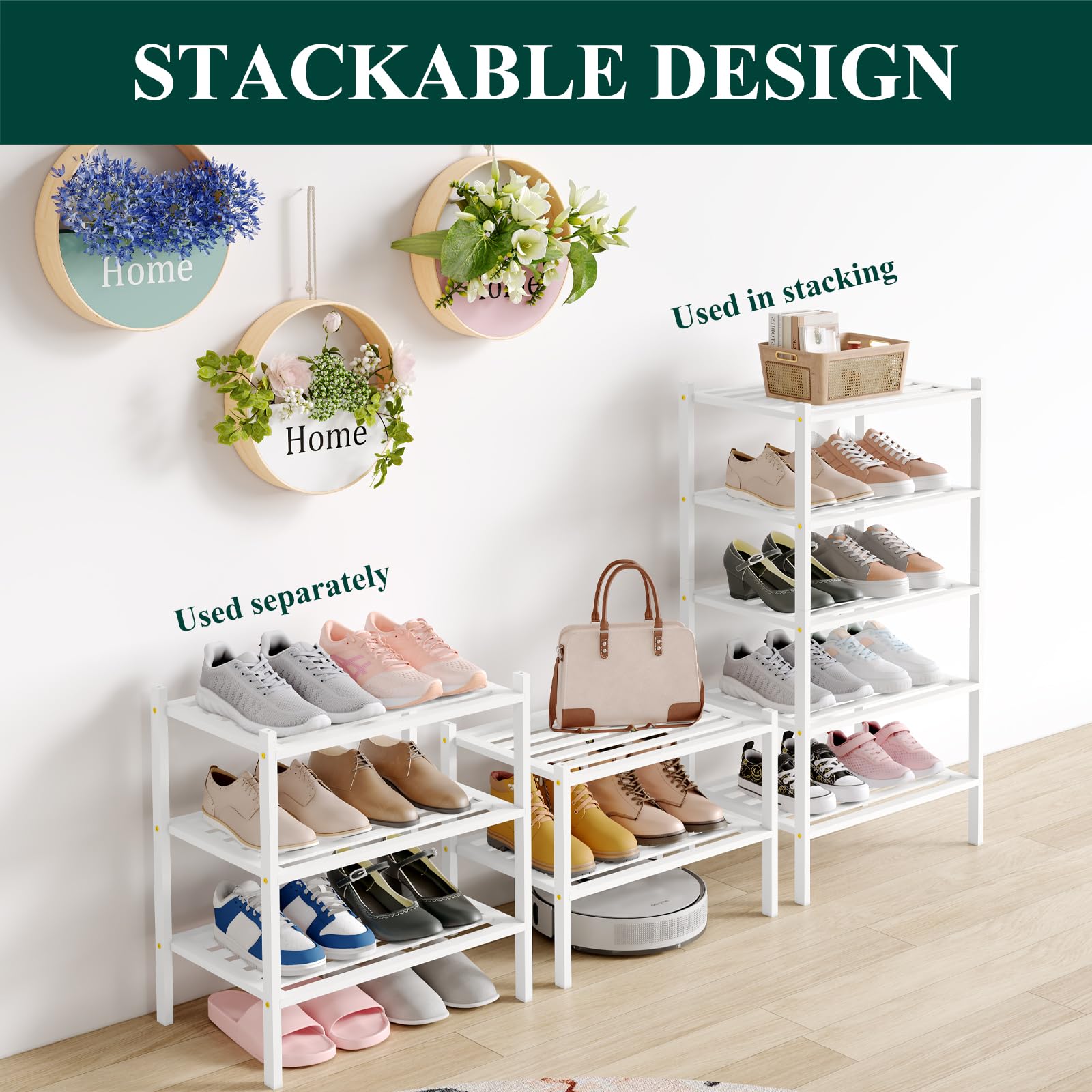 Smiry Bamboo Shoe Rack 3-Tier, Stackable Wooden Shoe Organizer for Entryway & Closet, Free Standing Wood Shoe Storage Shelf for Front Door & Small Spaces, Natural