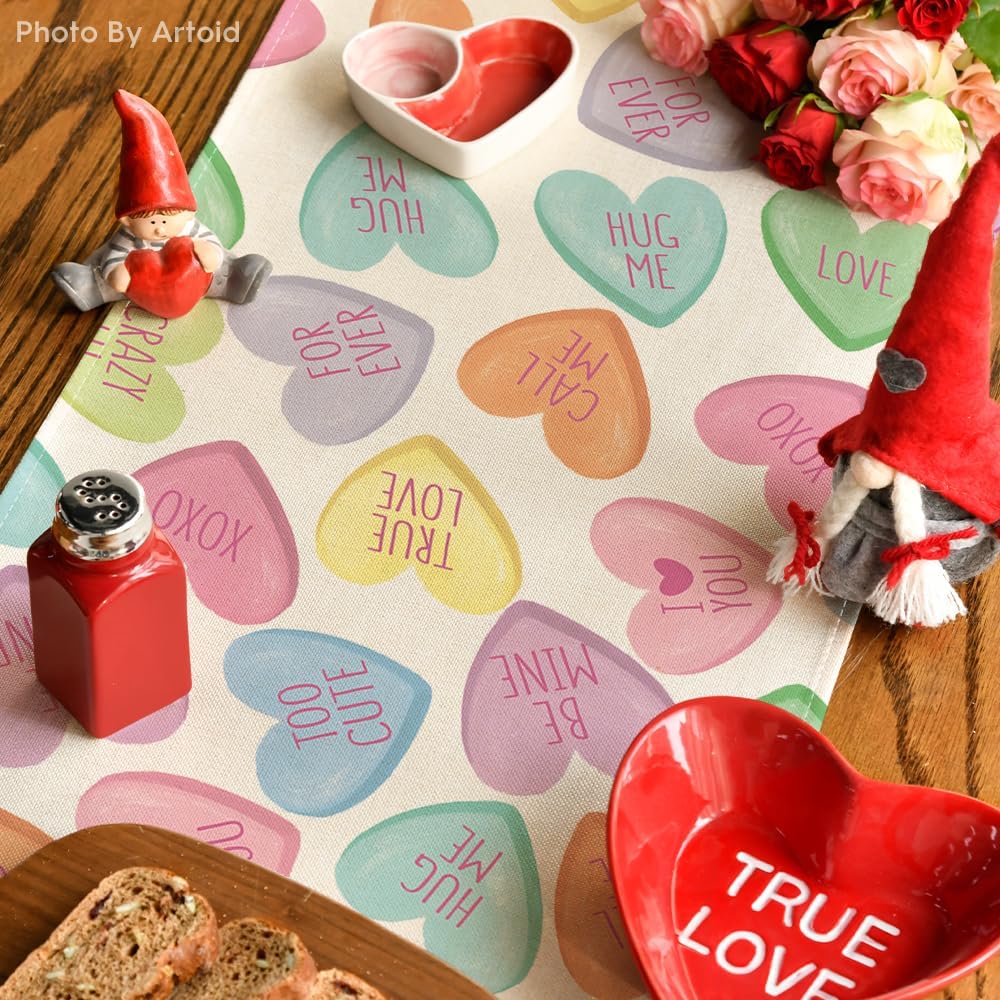 Artoid Mode Ture Love Heart Valentine's Day Table Runner, Seasonal Kitchen Dining Table Decoration for Home Party Decor 13x72 Inch