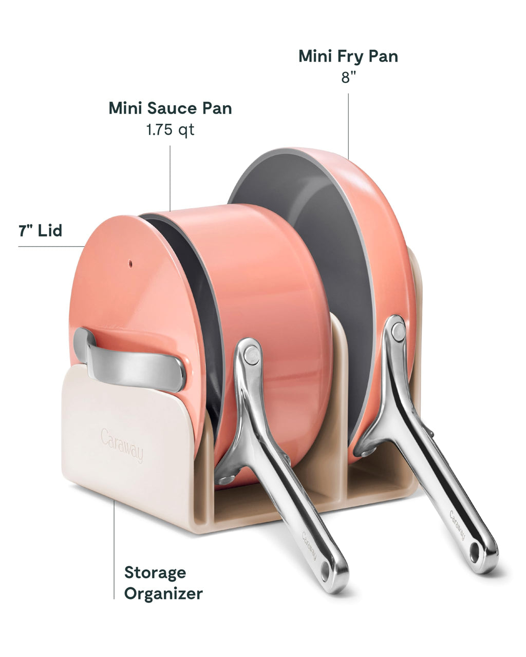 Caraway Mini Cookware Set - Non-Stick Ceramic Fry Pan (1.05 qt, 8") Sauce Pan (1.75 qt) & Storage Rack - Non Toxic, PTFE & PFOA Free - Oven Safe & Stovetop Agnostic (Gas, Electric & Induction) - Cream