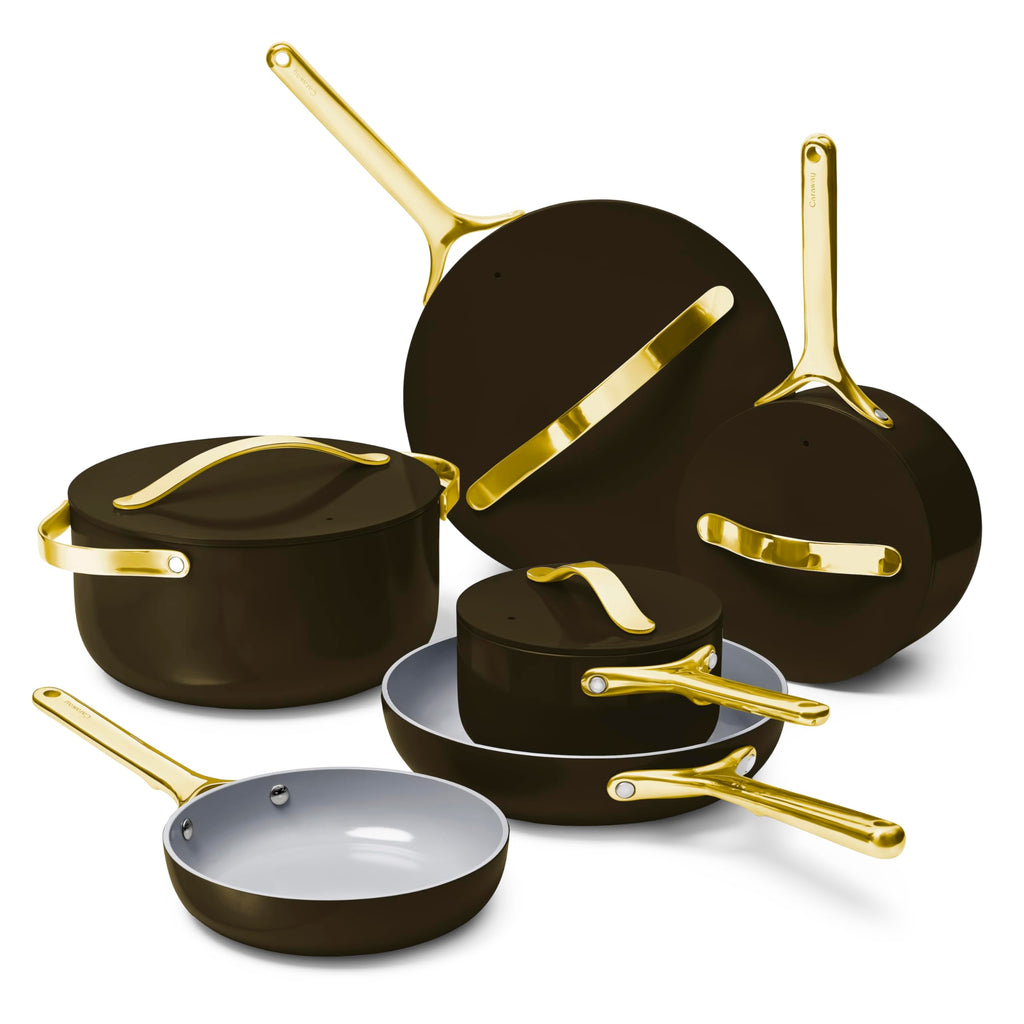 Caraway Non-stick Ceramic Cookware Set (12 Piece) Pots, Pans, Lids and Kitchen Storage - PFAS & PFOA Free - Oven Safe Pan Set & Compatible with All Stovetops - Cream