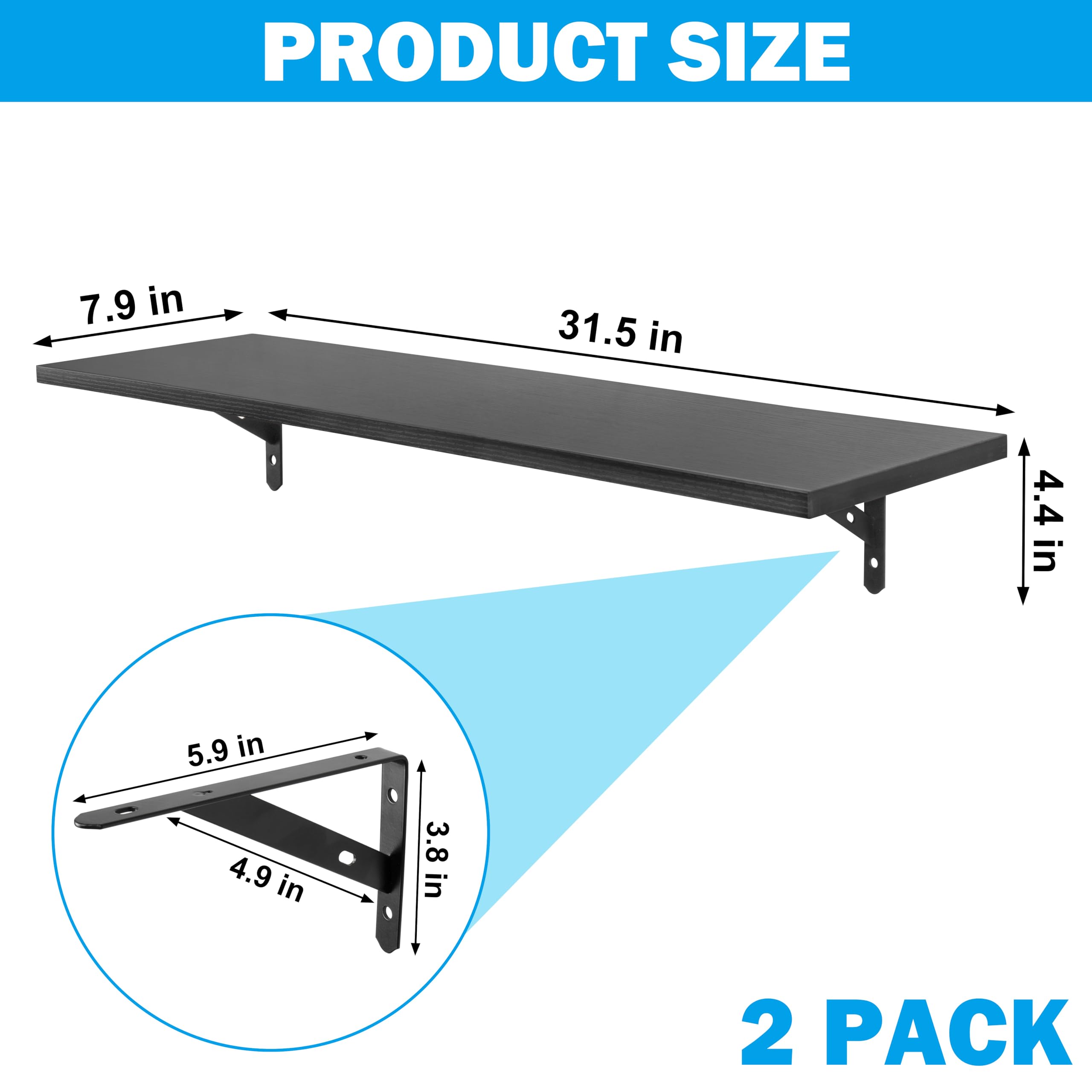 RedCall Floating Shelves for Wall,31.5 Inch Wall Mounted Shelves Set of 2,Long Board Shelves for Bedroom,Living Room, Bathroom & Kitchen Storage with Metal Brackets (Black)