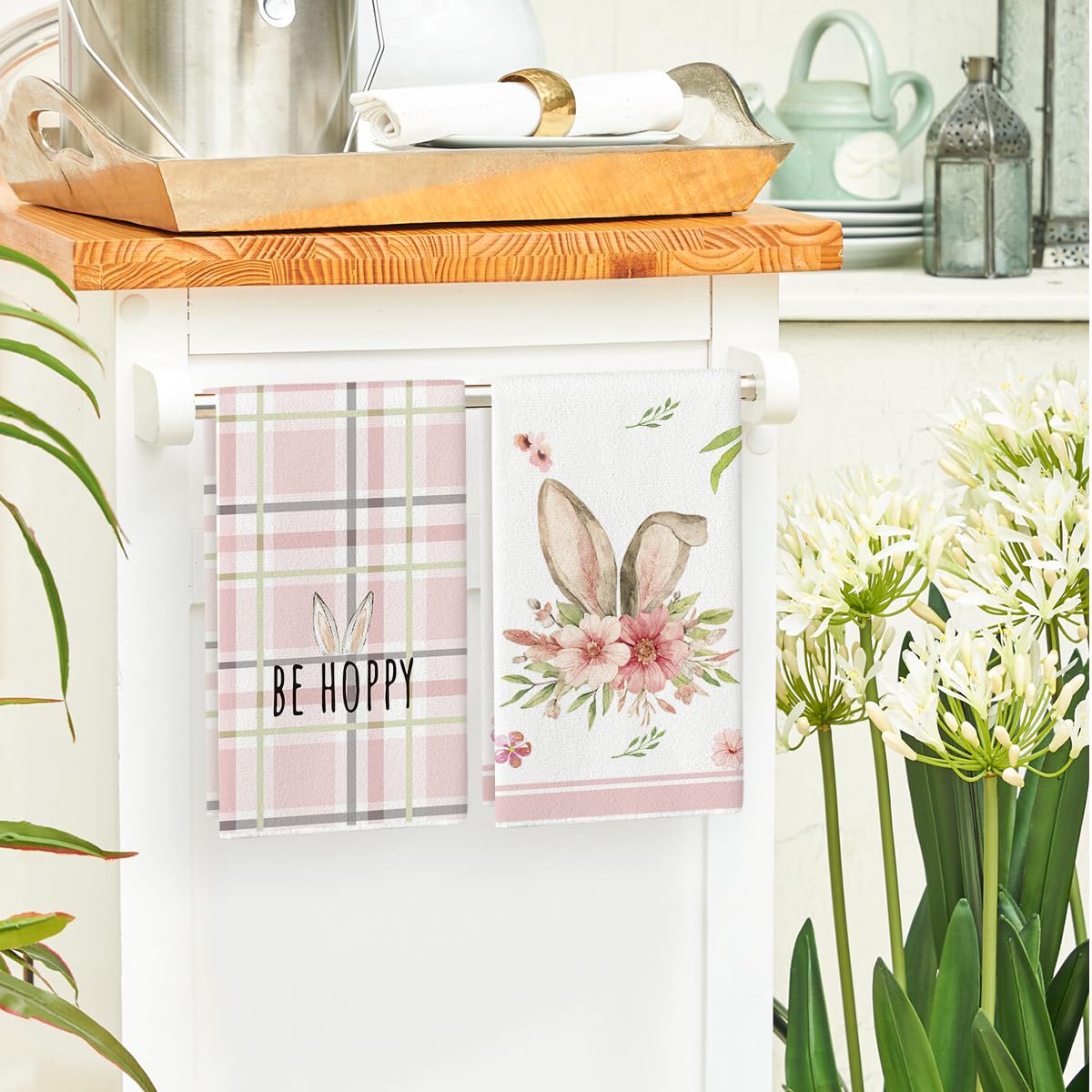 Artoid Mode Pink Bunny Rabbit Ears Floral Leaves Easter Kitchen Towels Dish Towels, 18x26 Inch Be Kind Seasonal Decoration Hand Towels Set of 4