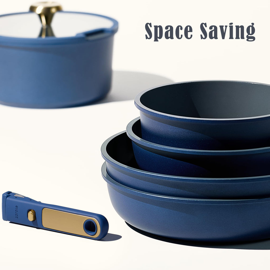 CAROTE Blue&Gold Ceramic Cookware Set Non Toxic, PFAS Free,15Pcs Pots and Pans Set Non Stick Detachable/Removable Handle,Kitchen Cooking Set Dishwasher Safe, Nonstick Pot and Pan, Induction Cookware