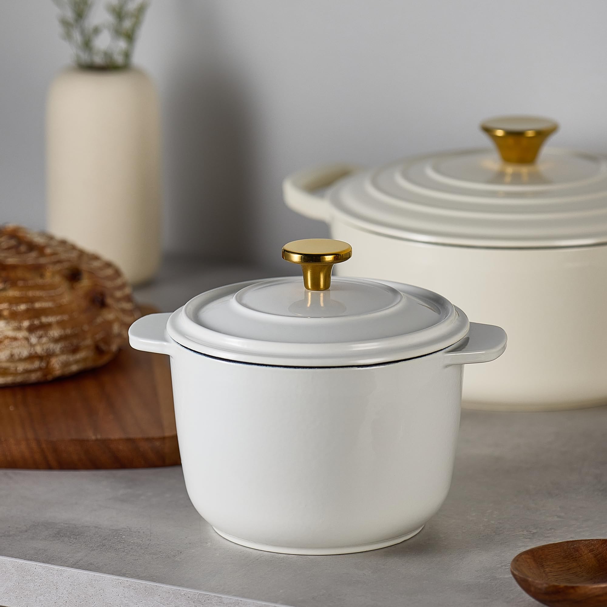CAROTE 2QT Enameled Cast Iron Dutch Oven Pot with Lid, Mini Round Dutch Oven for Small Sourdough Bread, Stews, Soups, Sauces, Beans, Rice, Serves 1-2, Dual Handles, Healthy & Non-Toxic, All Stovetop Compatible, Oven Safe up to 500° F, White