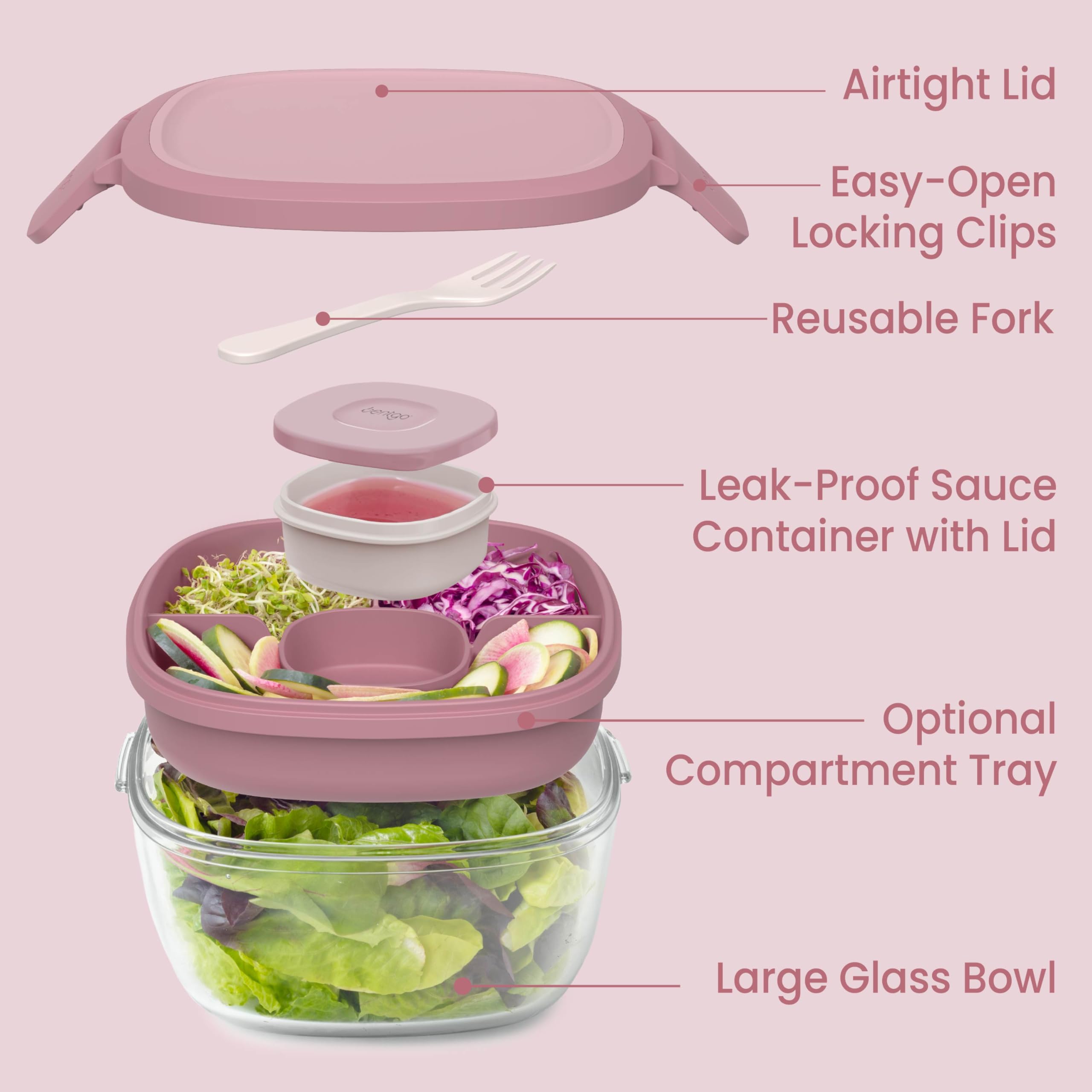 Bentgo Glass Salad Container - 7.6-Cup Salad Bowl with Airtight Lid, Leak-Proof Sauce Container, 4-Compartment Bento Tray & Reusable Fork - BPA-Free for Meal Prep, Office & More (Lavender)