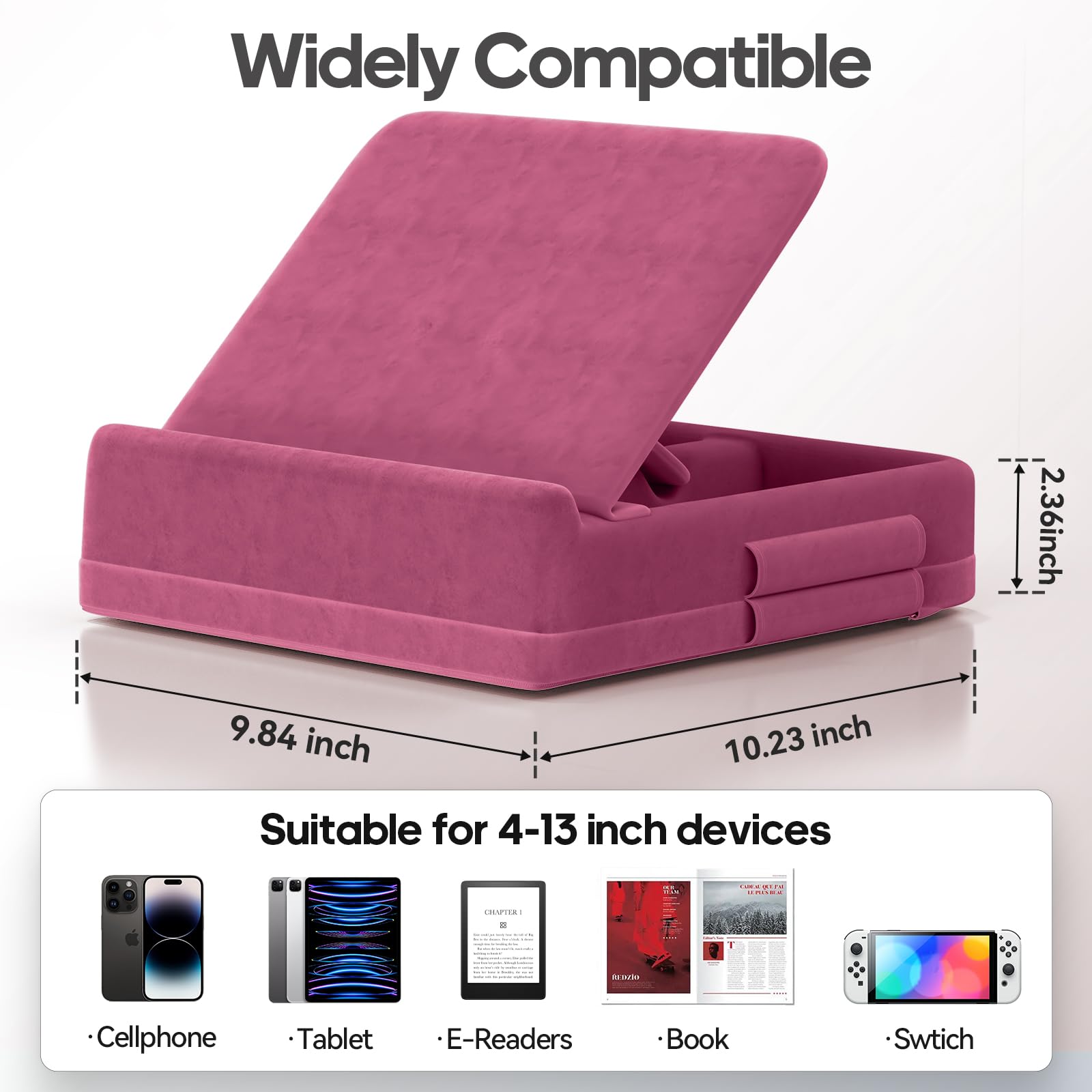 KDD Tablet Pillow Stand with Storage, Foldable iPad Holder for Bed, Lap and Desk, Angle Adjustable Soft Pad Dock with Stylus Mount Compatible with Ipad Pro 12.9, 10.5, 11, Air, Mini, Phones, Books