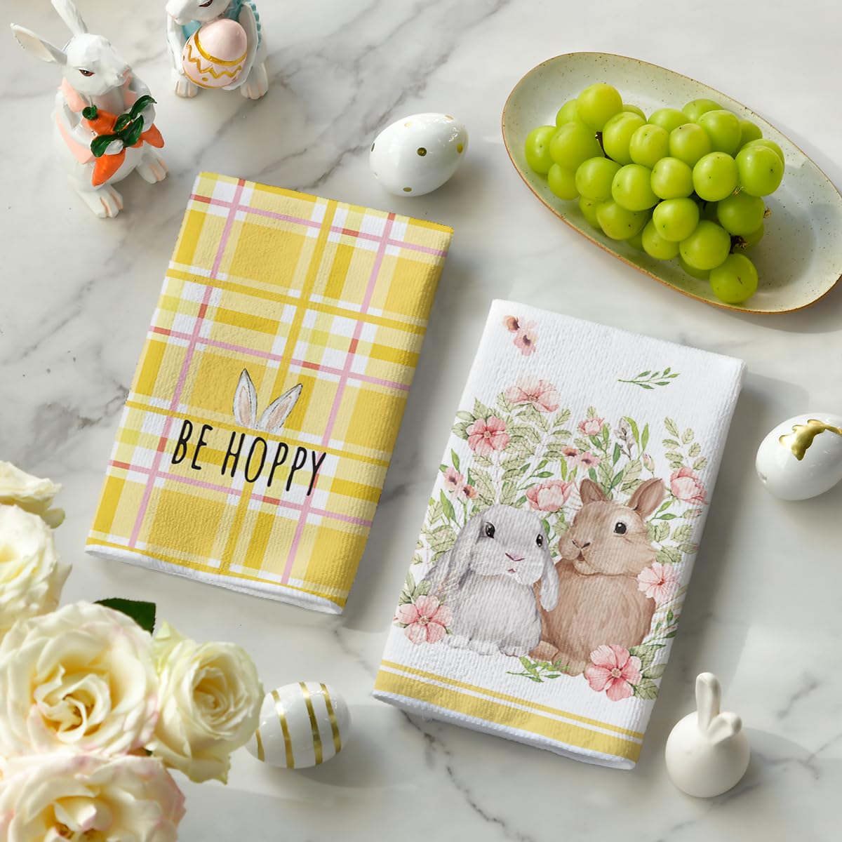 Artoid Mode Pink Bunny Rabbit Ears Floral Leaves Easter Kitchen Towels Dish Towels, 18x26 Inch Be Kind Seasonal Decoration Hand Towels Set of 4