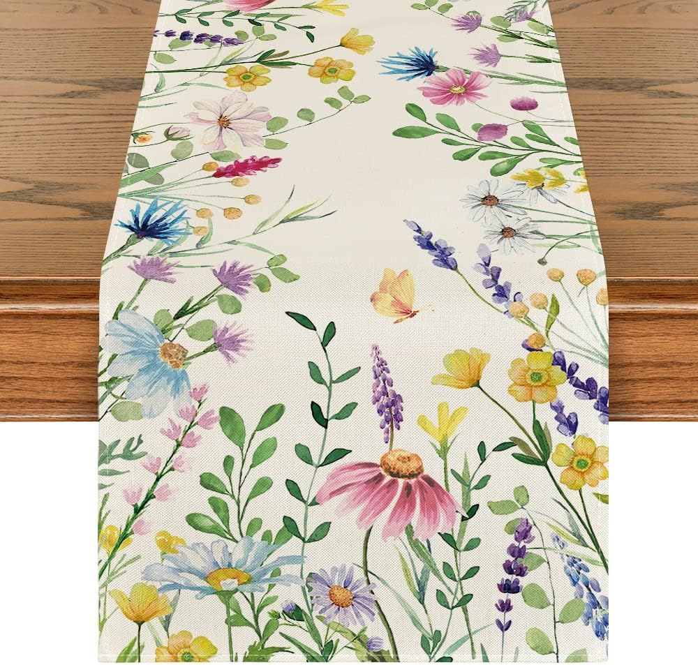 Artoid Mode Daisy Eucalyptus Lavender Floral Leaves Summer Table Runner, Spring Kitchen Dining Table Decoration for Home Party Decor 13x72 Inch