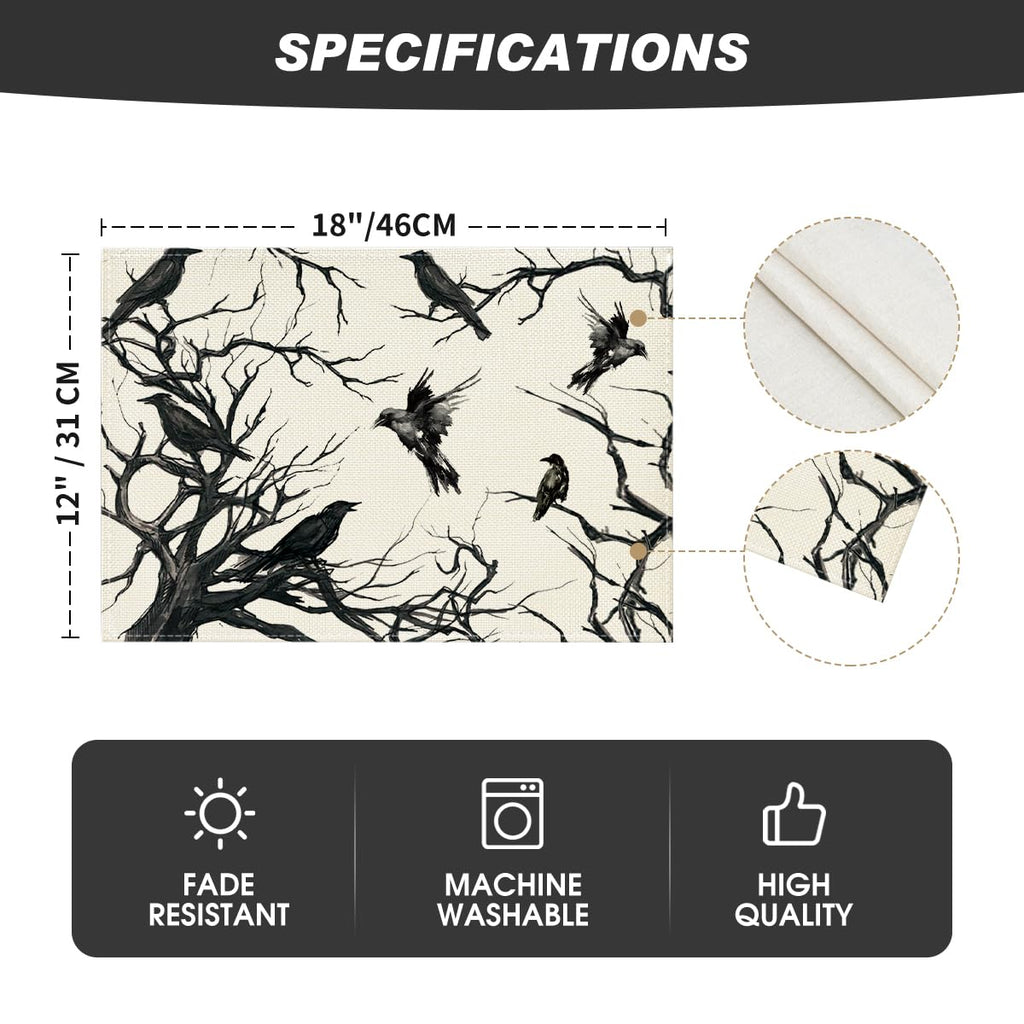 Artoid Mode Tree Crows Halloween Placemats Set of 4, 12x18 Inch Branches Fall Table Mats for Outdoor Home Party Kitchen Dining Decoration
