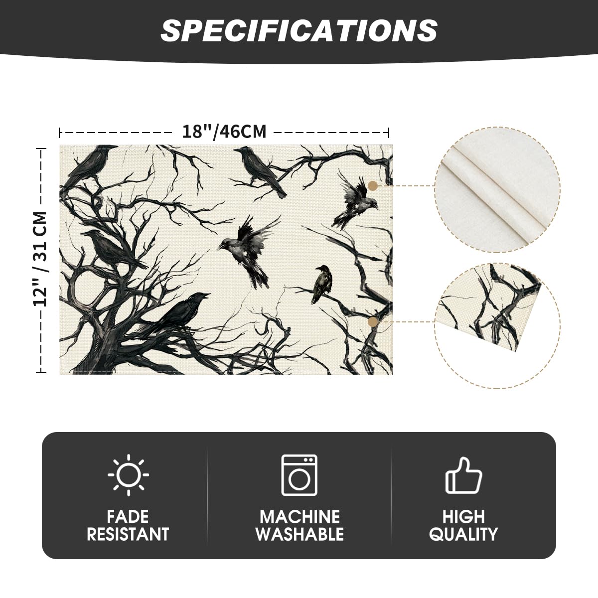 Artoid Mode Tree Crows Halloween Placemats Set of 4, 12x18 Inch Branches Fall Table Mats for Outdoor Home Party Kitchen Dining Decoration