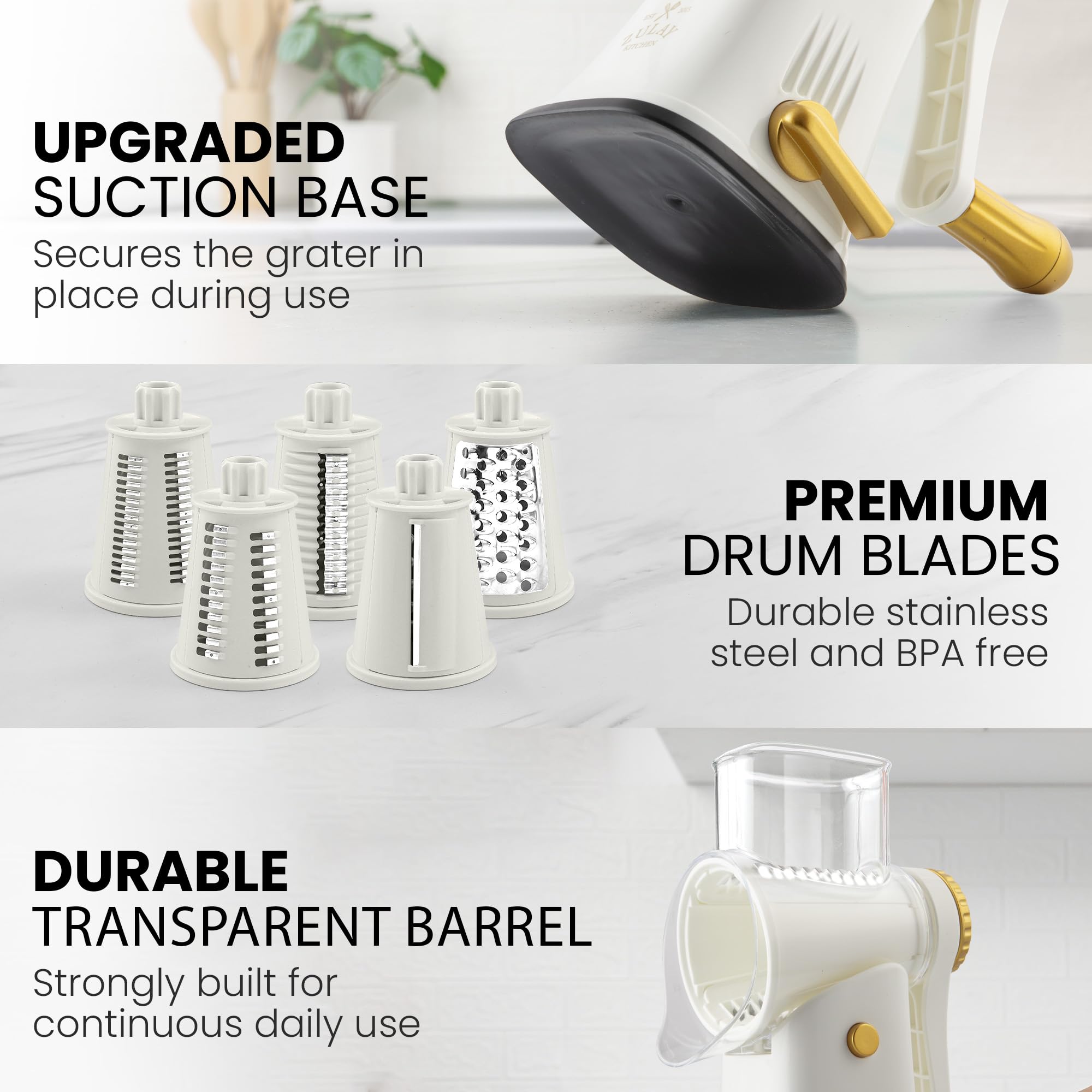 Zulay Kitchen Rotary Cheese Grater 5 Blade Cheese Shredder - Manual Hand Crank Cheese Grater With Reinforced Suction & 5 Interchangeable Drums - Easy to Use, Vegetable Chopper Round Mandoline Slicer
