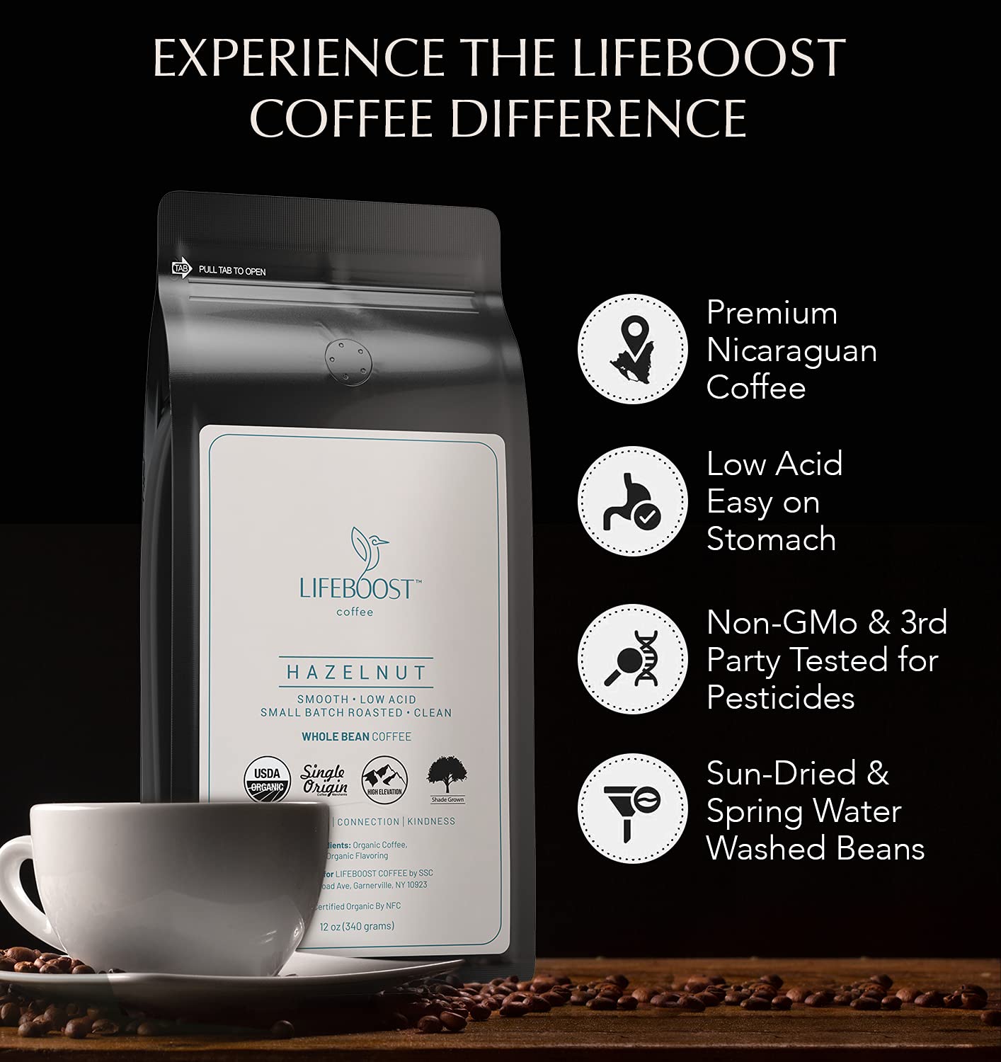 Lifeboost Whole Bean French Vanilla Coffee - Low Acid Single Origin Non-GMO Organic Coffee - Third Party Tested For Mycotoxins & Pesticides - 12 Ounces