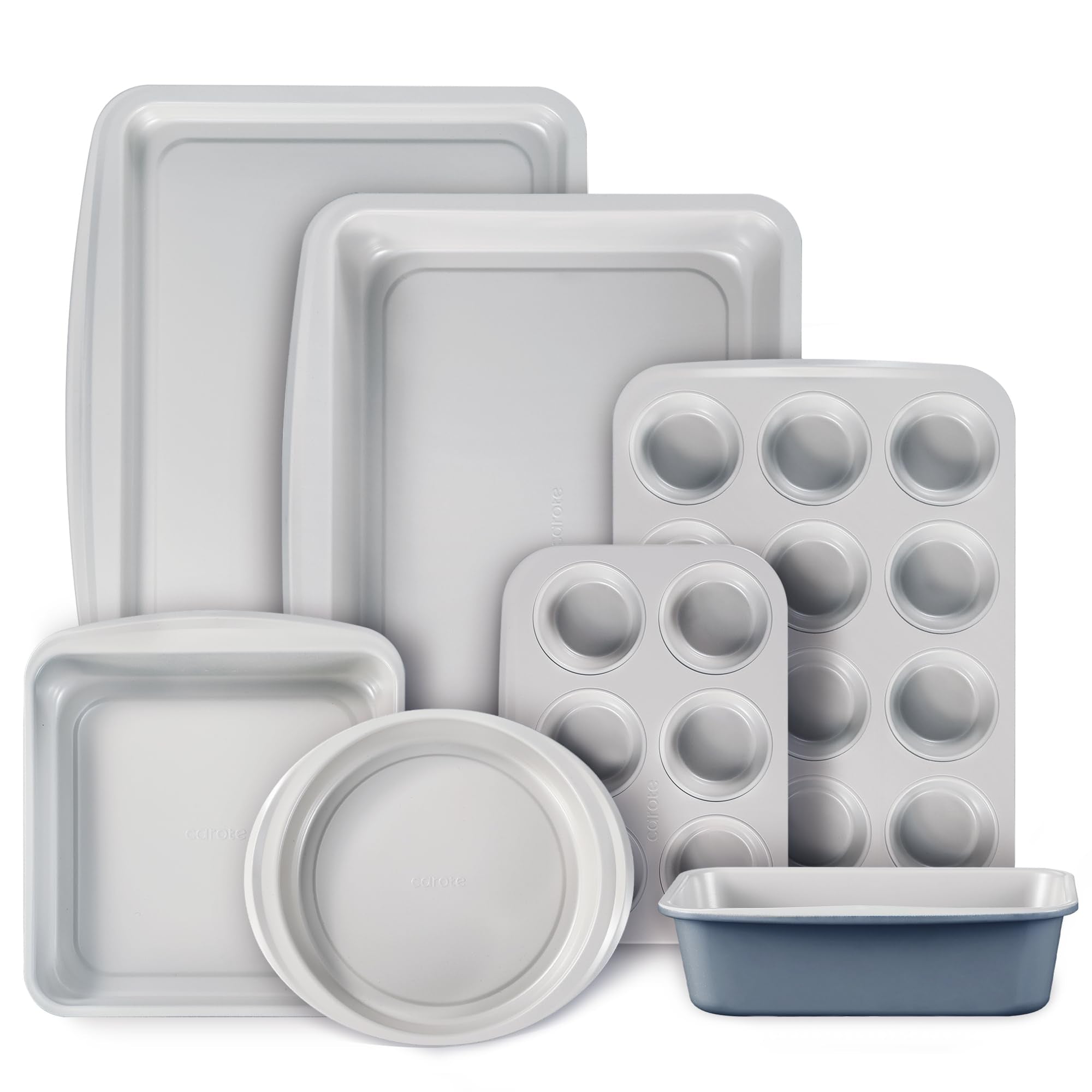 CAROTE 7-Piece Nonstick Stackable Baking Pans Set - Bakeware Sets Including Cookie Sheets for Baking, Muffin Pan, Bread Pan, Cake pan, Loaf Pan, Roasting Pan, Gray & Khaki