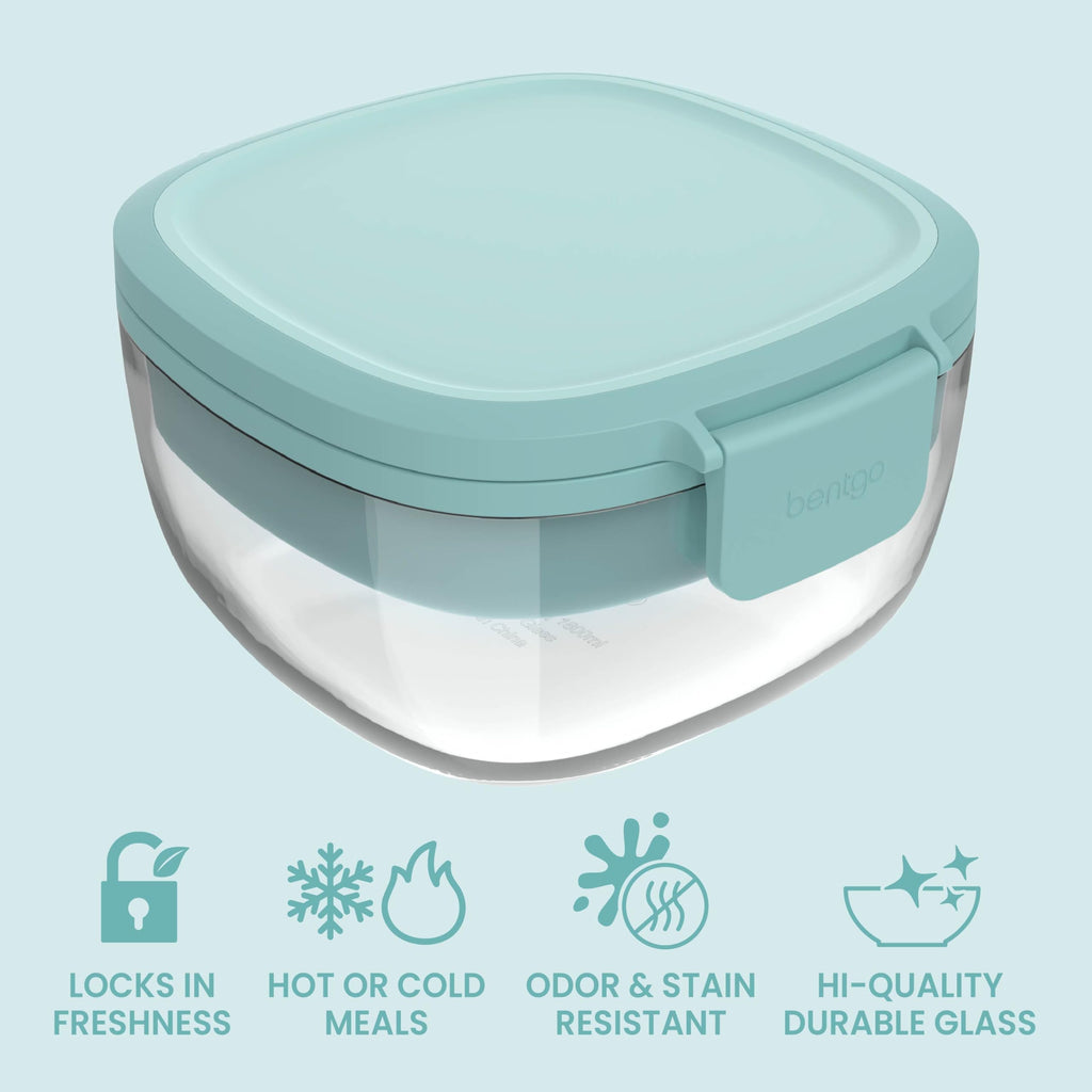 Bentgo Glass Salad Container - 7.6-Cup Salad Bowl with Airtight Lid, Leak-Proof Sauce Container, 4-Compartment Bento Tray & Reusable Fork - BPA-Free for Meal Prep, Office & More (Lavender)