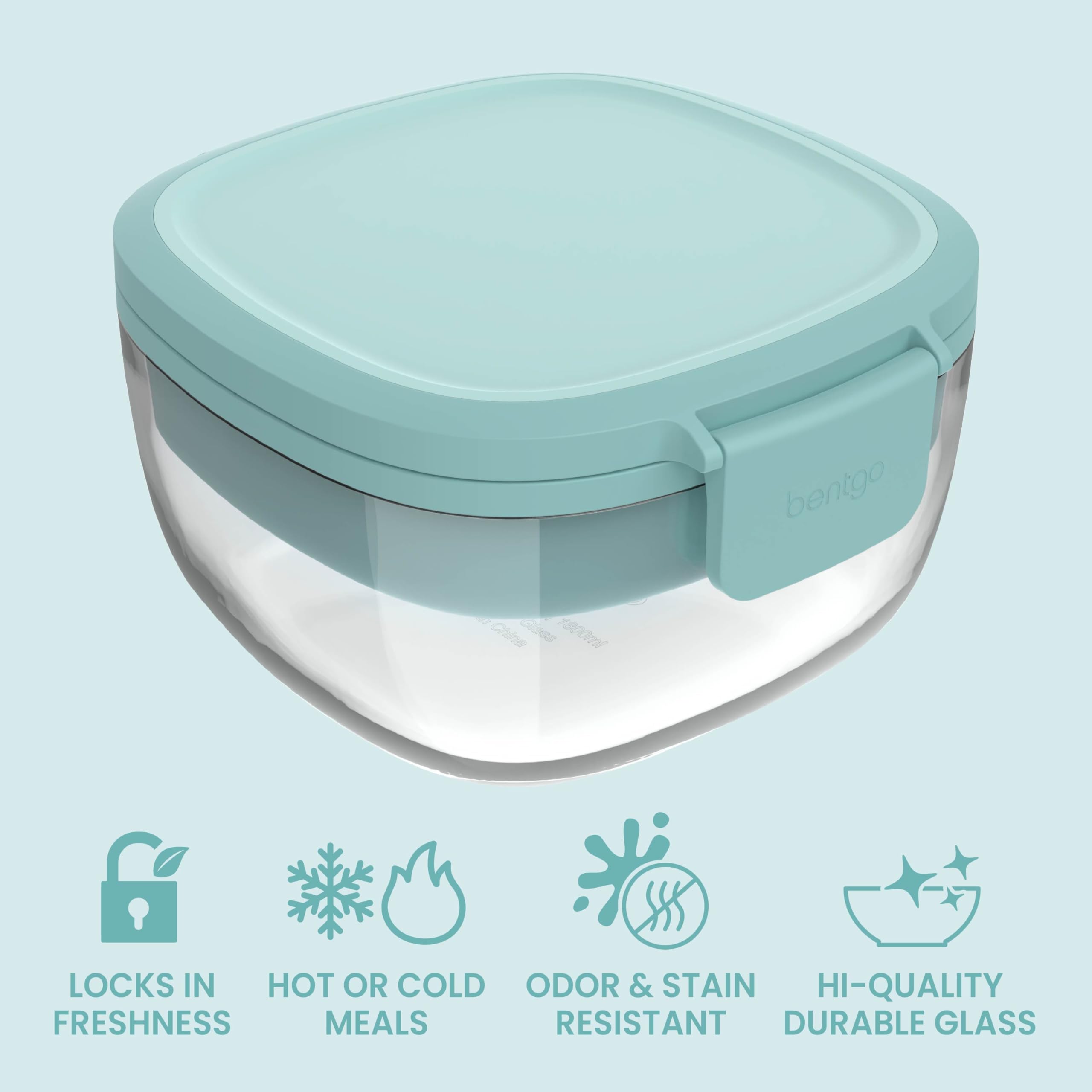 Bentgo Glass Salad Container - 7.6-Cup Salad Bowl with Airtight Lid, Leak-Proof Sauce Container, 4-Compartment Bento Tray & Reusable Fork - BPA-Free for Meal Prep, Office & More (Lavender)