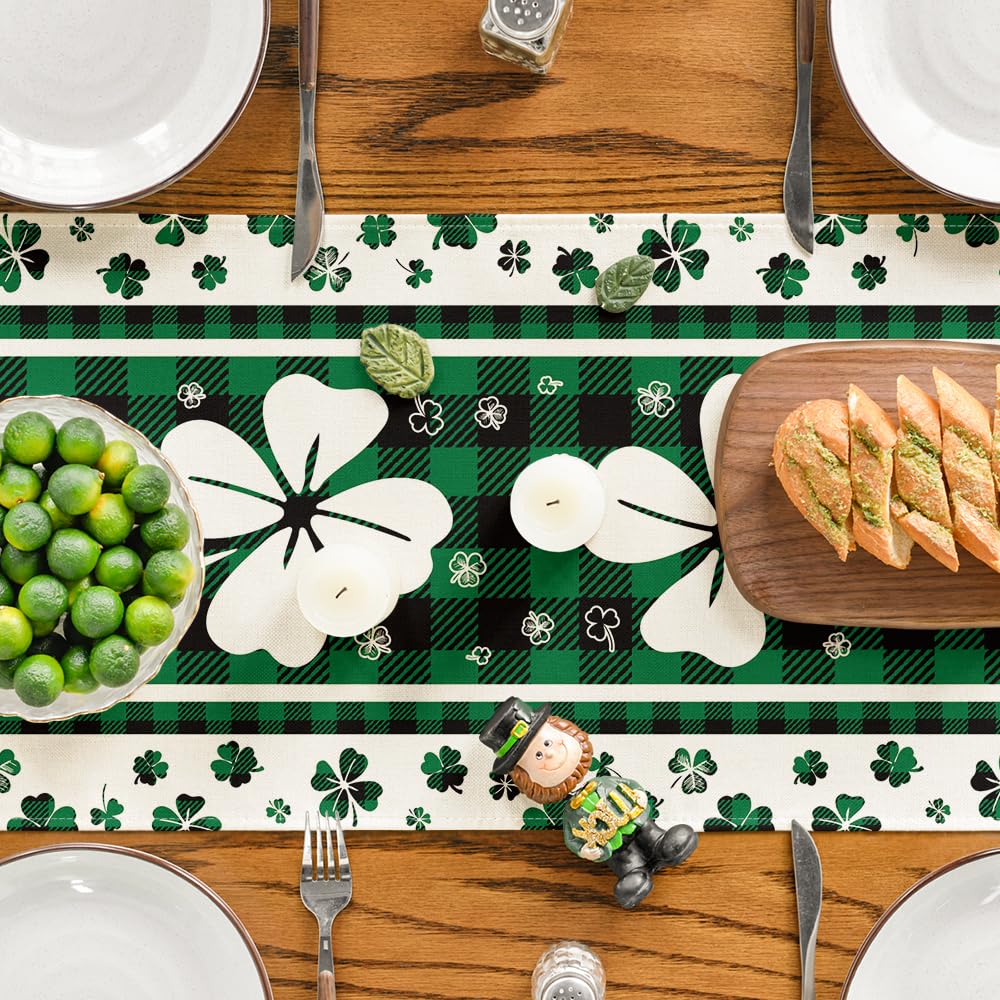 Artoid Mode Green Clover Buffalo Plaid Shamrocks St.Patrick's Day Table Runner, Seasonal Kitchen Dining Table Decoration for Indoor Home Party 13x72 Inch