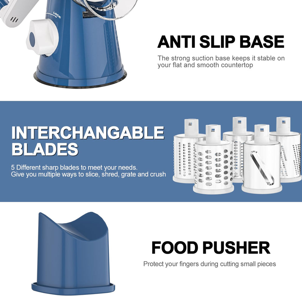 Cambom 5 in 1 Rotary Cheese Grater Hand Crank Cheese Shredder for Fresh Cheese, Vegetable, Nuts,Non-slip Suction Base, Black