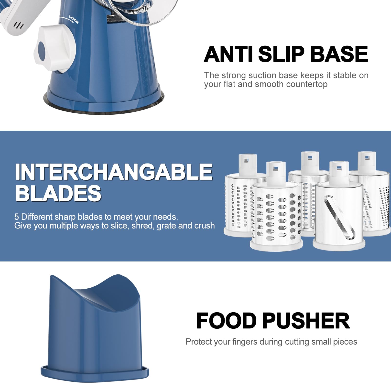 Cambom 5 in 1 Rotary Cheese Grater Hand Crank Cheese Shredder for Fresh Cheese, Vegetable, Nuts,Non-slip Suction Base, Black