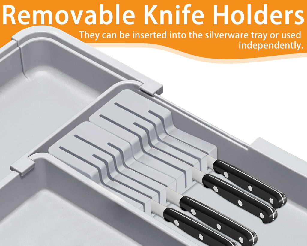 Large Utensil Drawer Organizer for Kitchen, Expandable Silverware Organizer Utensil Holder, Cutlery and Flatware Cooking Tray, Kitchen Drawer Organizers and Storage with Removable Knife Block, Black