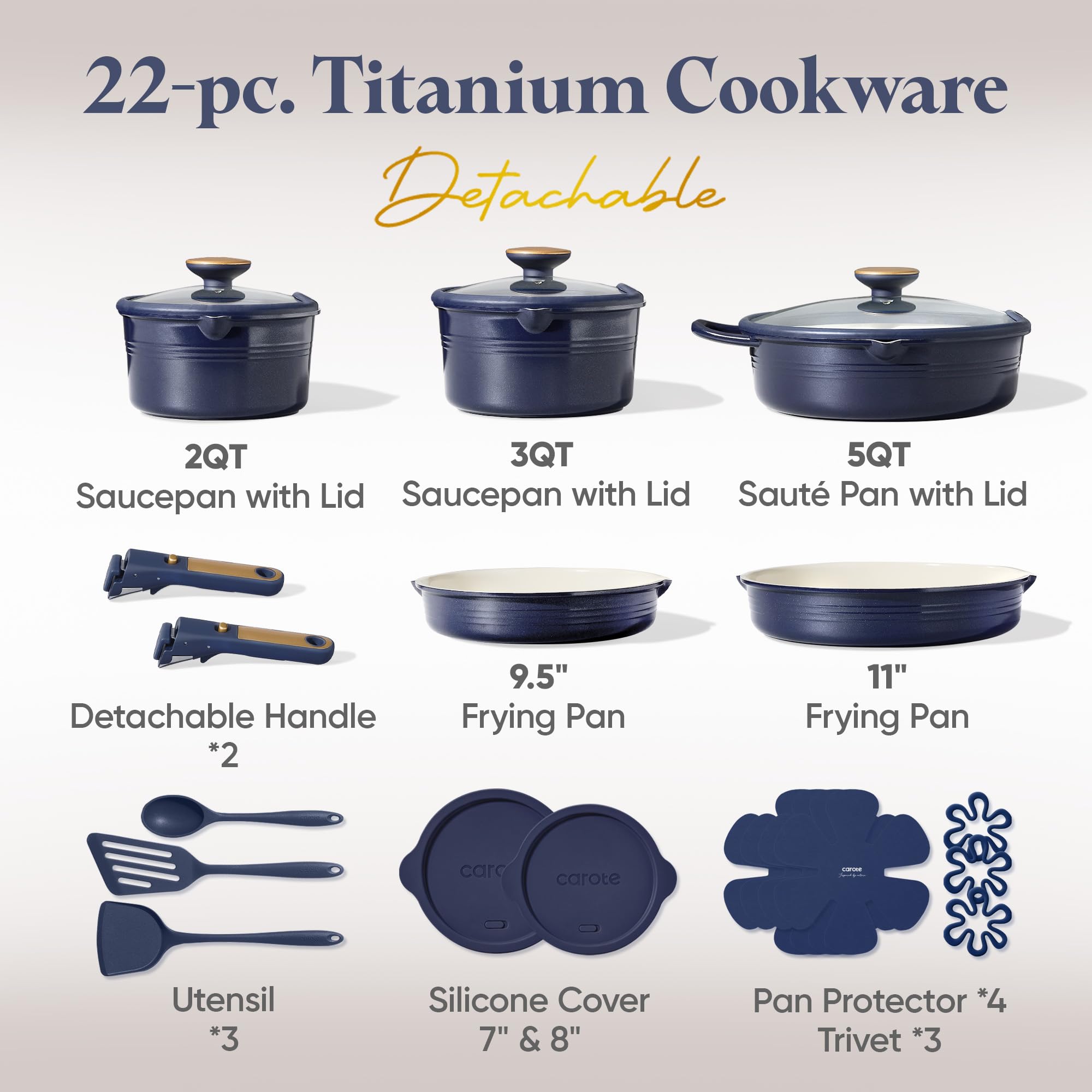 CAROTE 20Pcs Titanium Cookware Set, Pots and Pans Set Non Stick, Kitchen Cooking Set with Detachable Handle, Non Toxic Induction Cookware, Dishwasher/Oven Safe