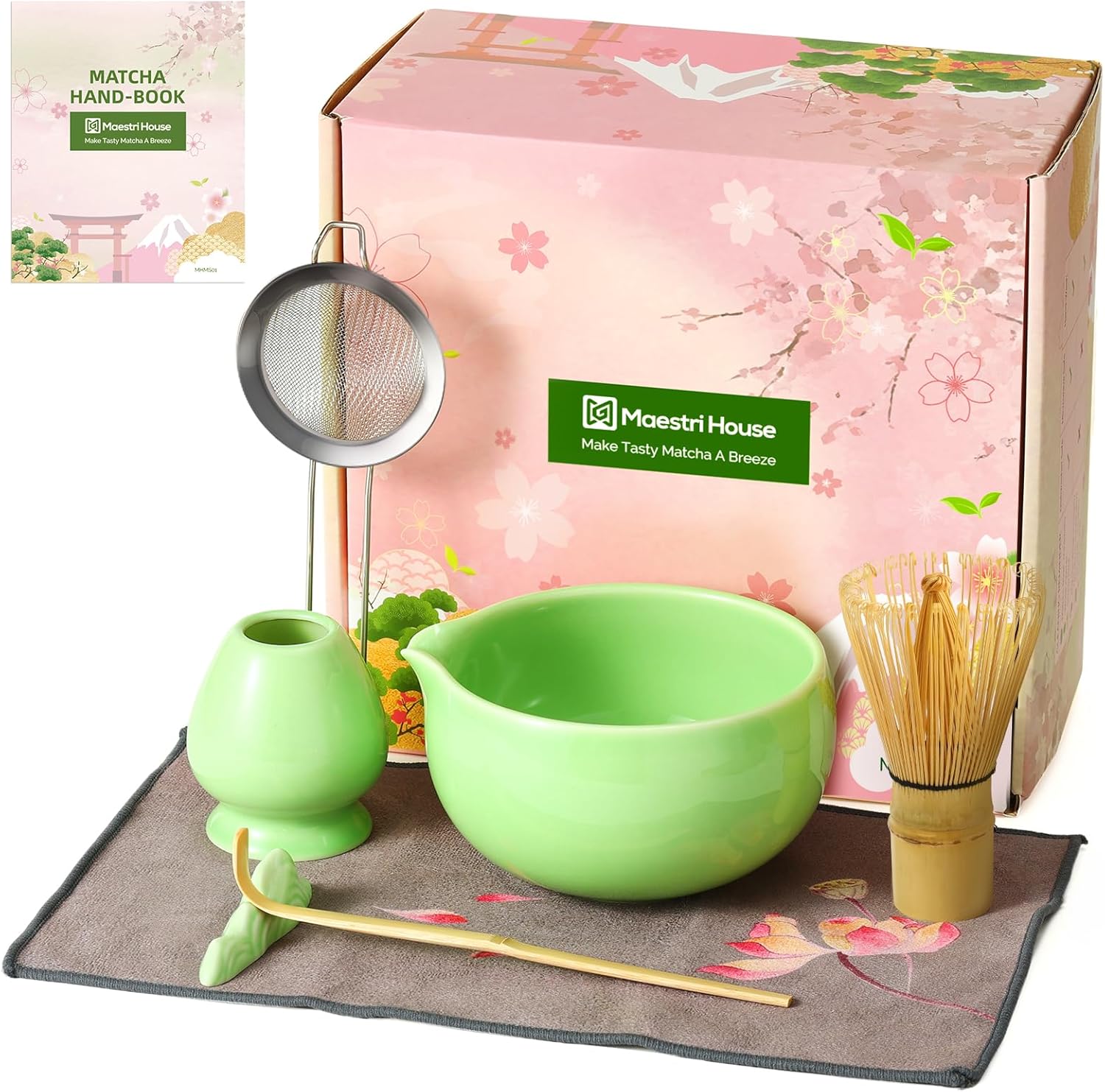 Maestri House 7-Piece Matcha Kit with Ceramic Bowl, Bamboo Whisk & Handcrafted Organic Bamboo Chasen with 72-Prong Design– Perfect for Matcha Lovers
