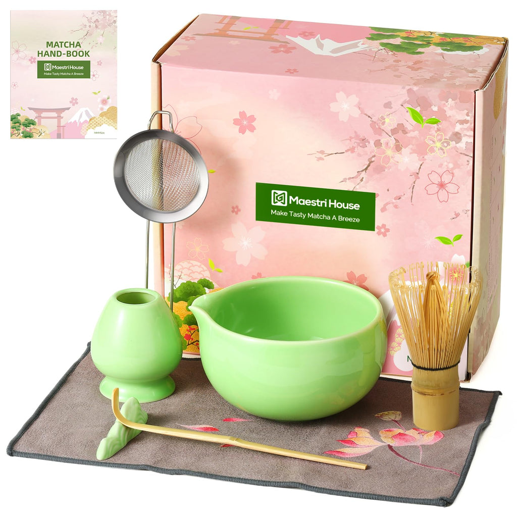 Maestri House Pink Matcha Whisk Set, 7-Pc Complete Matcha Kit with Spouted Ceramic Bowl, Bamboo Whisk and Holder, Scoop, Spoon Rest & Sifter, Tea Cloth – Ideal Gift for Matcha Lovers (Pink)