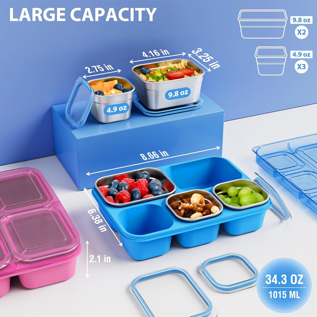 Freshmage 8 Compartment Stainless Steel Snack Containers and 2 Pack Reusable Food Storage Snackle