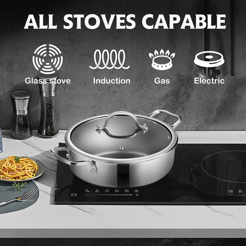 SNOWCLAD Frying Pans Nonstick with Lid,Hybrid Non Stick 5 Quart Saute pan,PFOA Free Cookware,Stainless Steel skillet,12 inch Deep Saute Pan,Dishwasher&Oven Safe,Works on All Cooktops