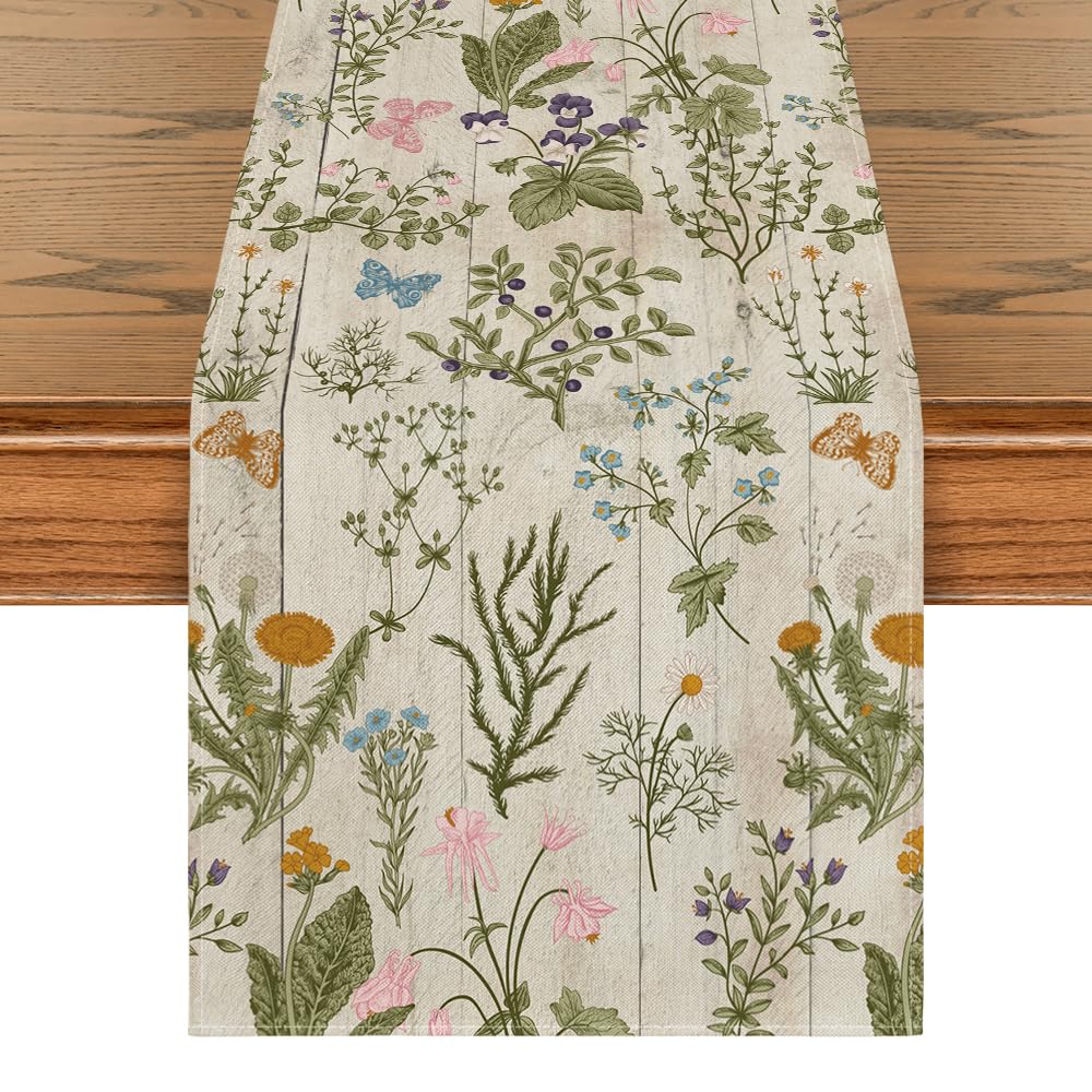 Artoid Mode Wildflowers Floral Spring Table Runner, Seasonal Summer Butterfly Kitchen Dining Table Decoration for Home Party 13x72 Inch