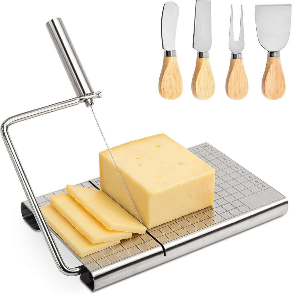 RedCall Cheese Slicer with 4 Piece Cheese Knives Set, Stainless Steel Cheese Cutter with Measuring Grids,Tightness Adjustable Wire Cheese Slicer for Block Cheese, with 5 Extra Wires