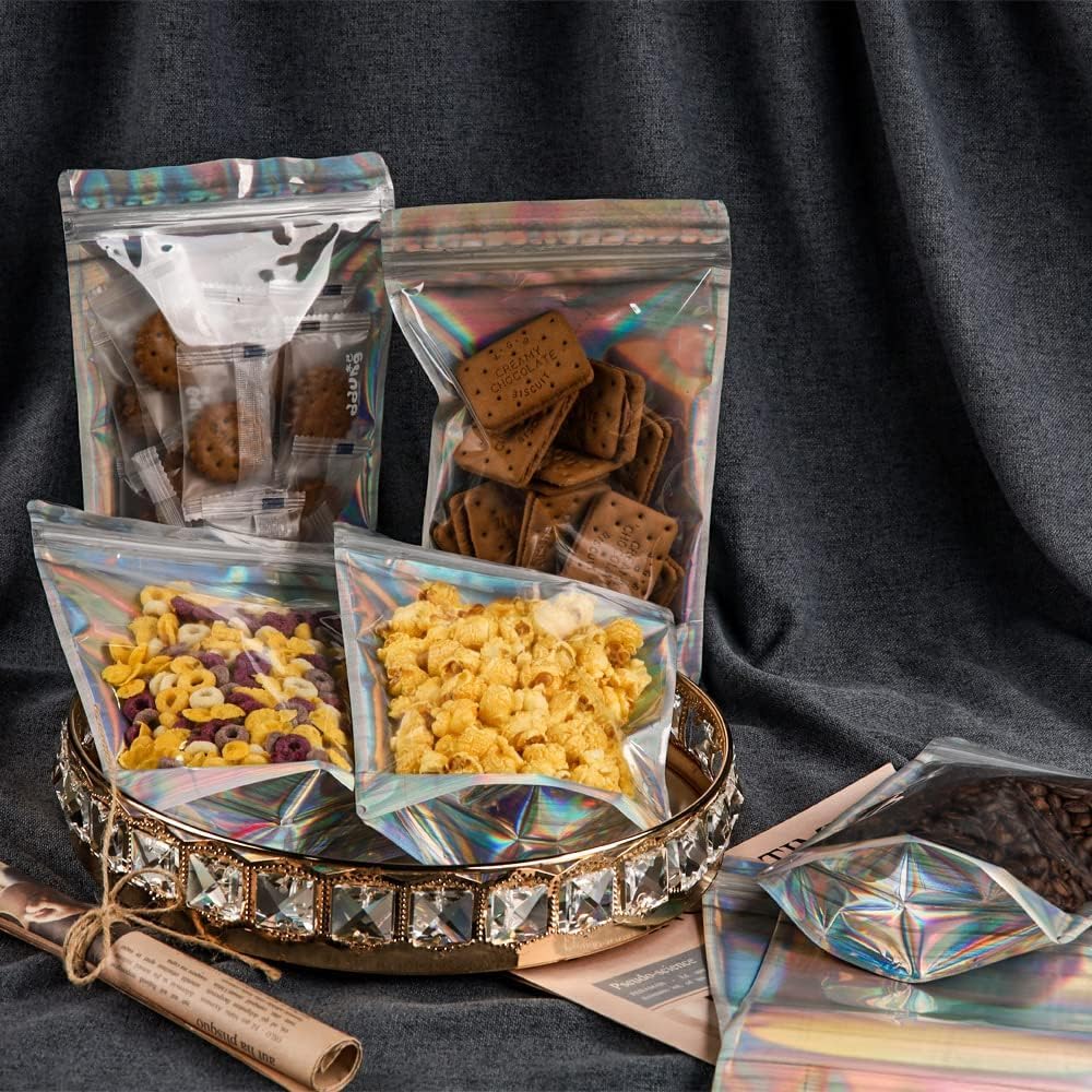 Holographic Mylar Bags Resealable Smell Proof Bags for lip gloss, Jewelry, Lash Candy and More - Small Business Packaging Supplies(100PACK, 3x9INCH)