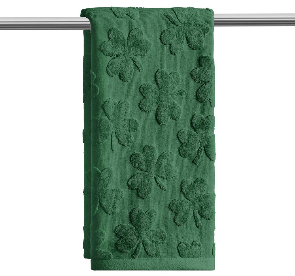 Artoid Mode 2 Pcs Dark Green 3D Shamrock Jacquard Patrick Hand Towels for Bathroom, 100% Cotton Soft Absorbent Bathroom Decor Towels, 13.7 x 29.5 Inch