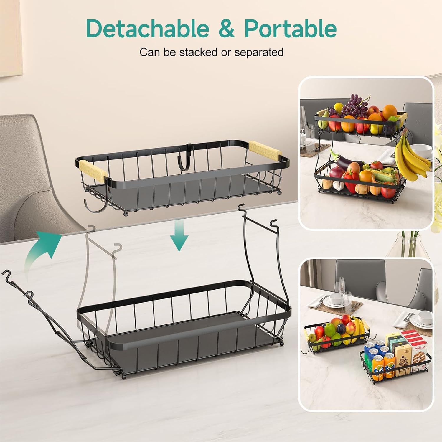 2 Pack Under Sink Organizer and 2 Tier Fruit Basket for Kitchen with 2 Banana Hangers