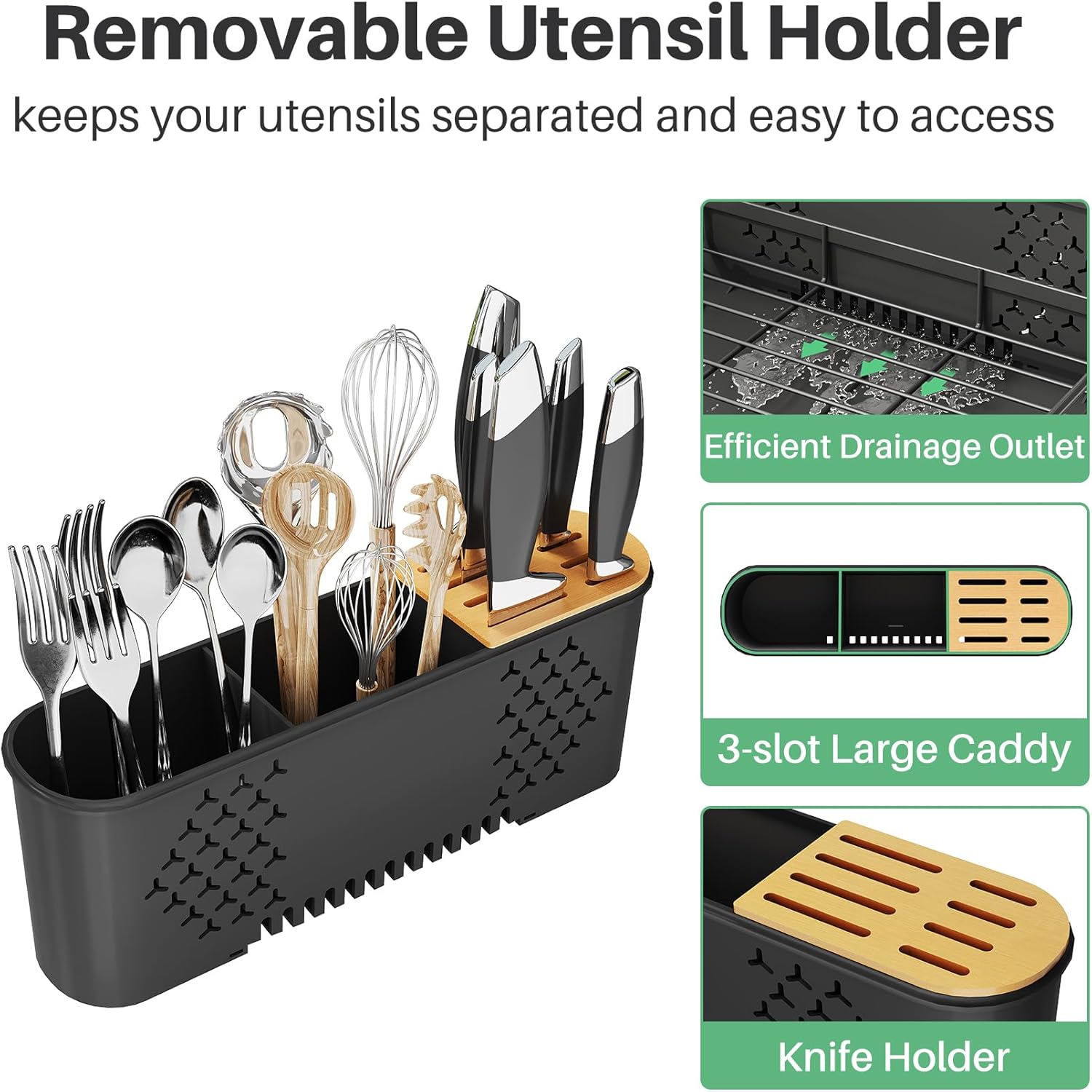 SNTD Large Dish Drying Rack - Expandable (19.3" to 29.4") Dish Rack for Kitchen Counter, Stainless Steel Dish Drainer with Utensil Holder, Pan Holder & Pot Lid Holder, Black