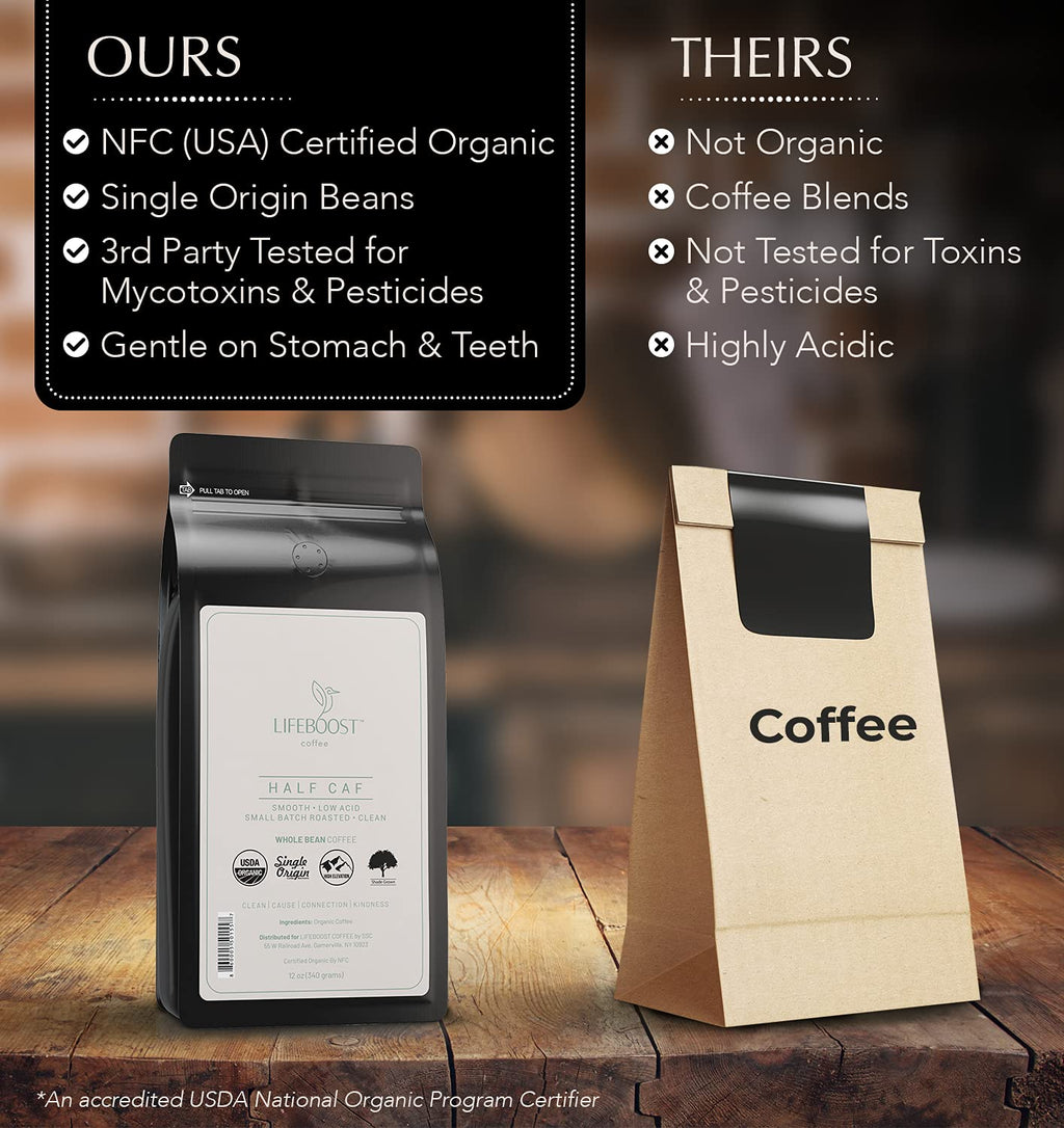 Lifeboost Half Caff Medium Roast Whole Bean Coffee - Low Acid Organic Coffee, Non-GMO, USDA Organic, Single Origin, Third-Party Tested for Mycotoxins & Pesticides - 12 oz Bag