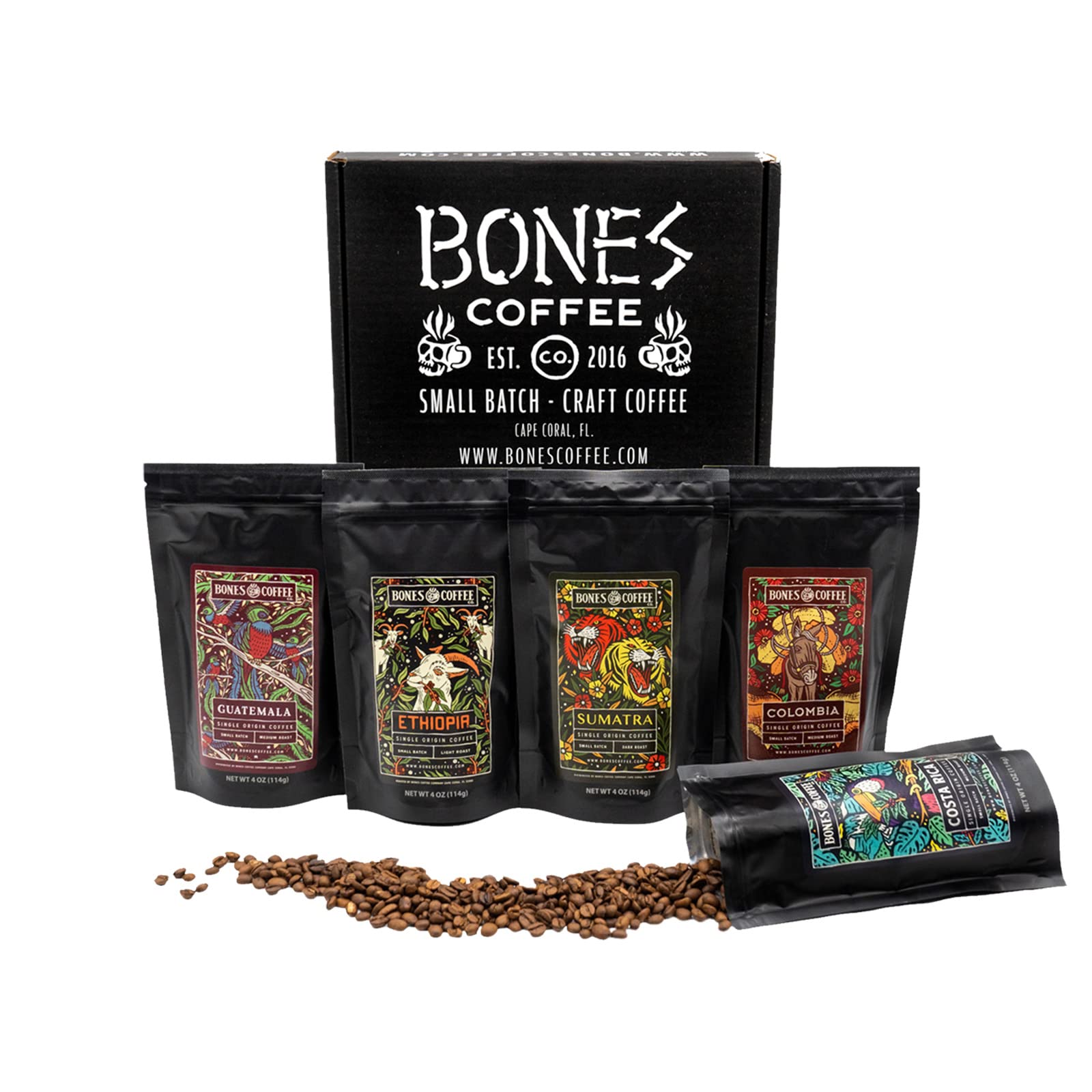 Bones Coffee Company NEW Favorite Flavors Sample Pack, Assorted Flavored Coffee Low Acid Medium Roast Arabica Beans Specialty Coffee Gifts, Auto Drip and French Press Compatible, 4 oz Pack of 5 Ground