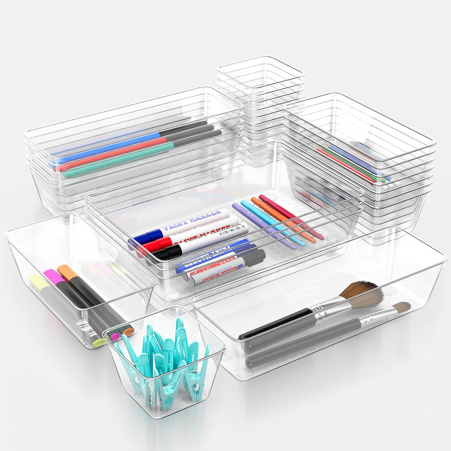 12 Piece Clear Drawer Organizer Set, 3 Sizes Bathroom Vanity Organizer Trays and Storage Bins for Makeup, Cosmetics, Jewelry, and Gadgets. Perfect for Office, Kitchen, Bedroom, Bathroom Use.