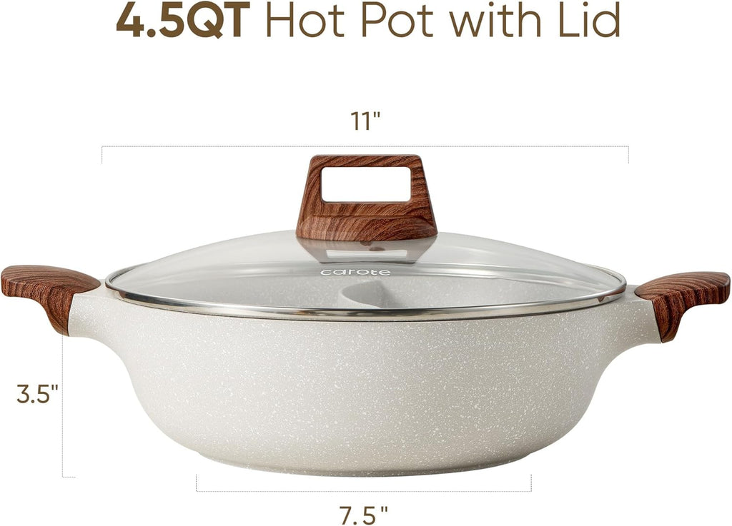 CAROTE Hot Pot with Divider Double Flavor Divided Stockpot with Glass Lid, Dual Sided Nonstick Stock Pot, Shabu Shabu Pots, Cookware for Induction Cooktop Gas Stove, 4.5-QT