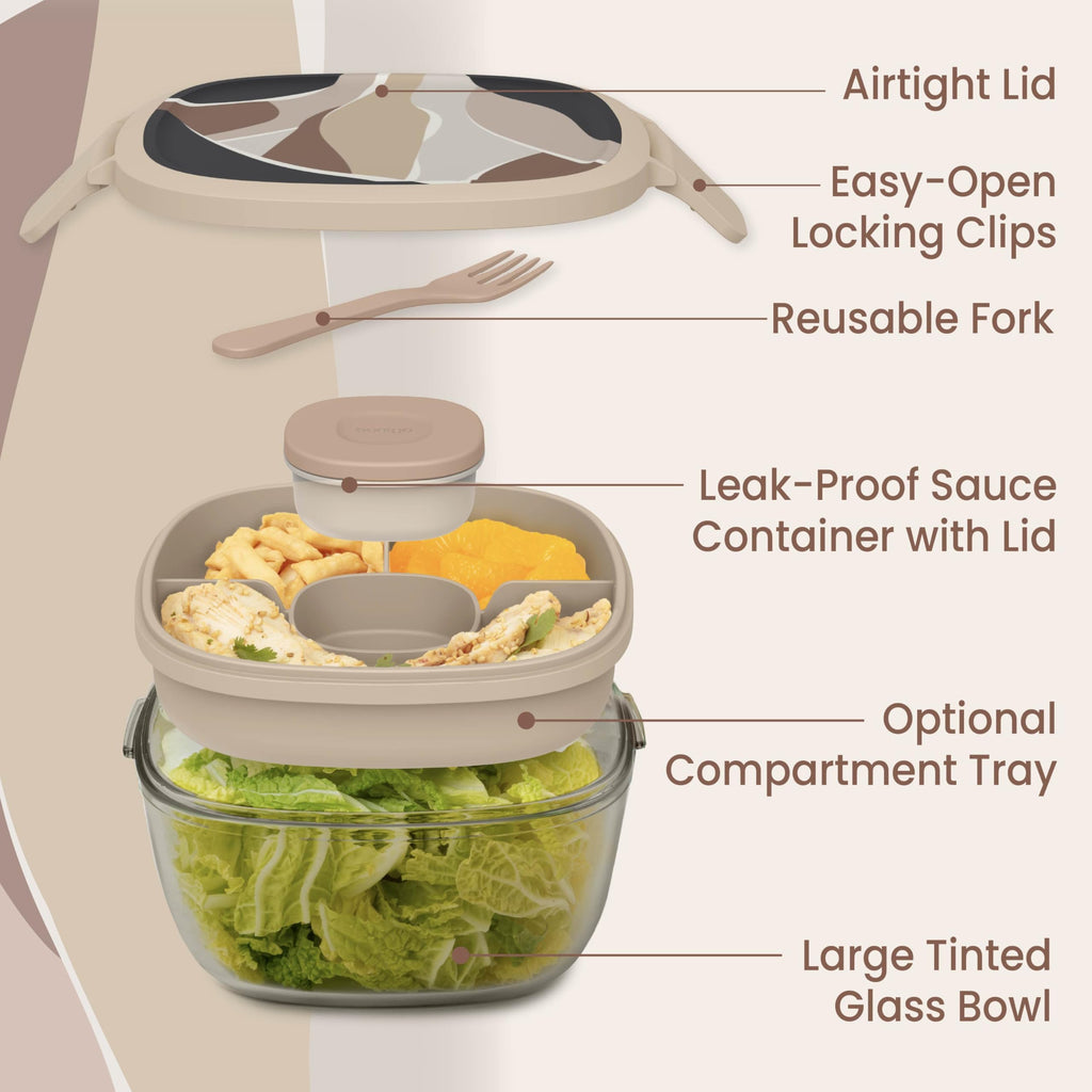 Bentgo Glass Salad Container - 7.6-Cup Salad Bowl with Airtight Lid, Leak-Proof Sauce Container, 4-Compartment Bento Tray & Reusable Fork - BPA-Free for Meal Prep, Office & More (Lavender)