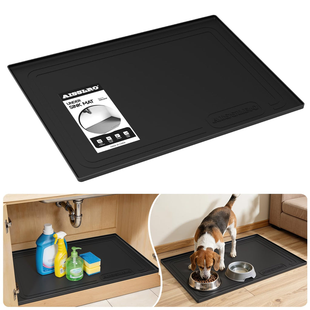 Aisslro Under Sink Mat 22" X 19", Waterproof Silicone Cabinet Protector with Raised Edge, Kitchen & Bathroom Leak Tray, Shelf Liner & Pet Feeding Mat for Dog Cat Food Mats, Light Gray