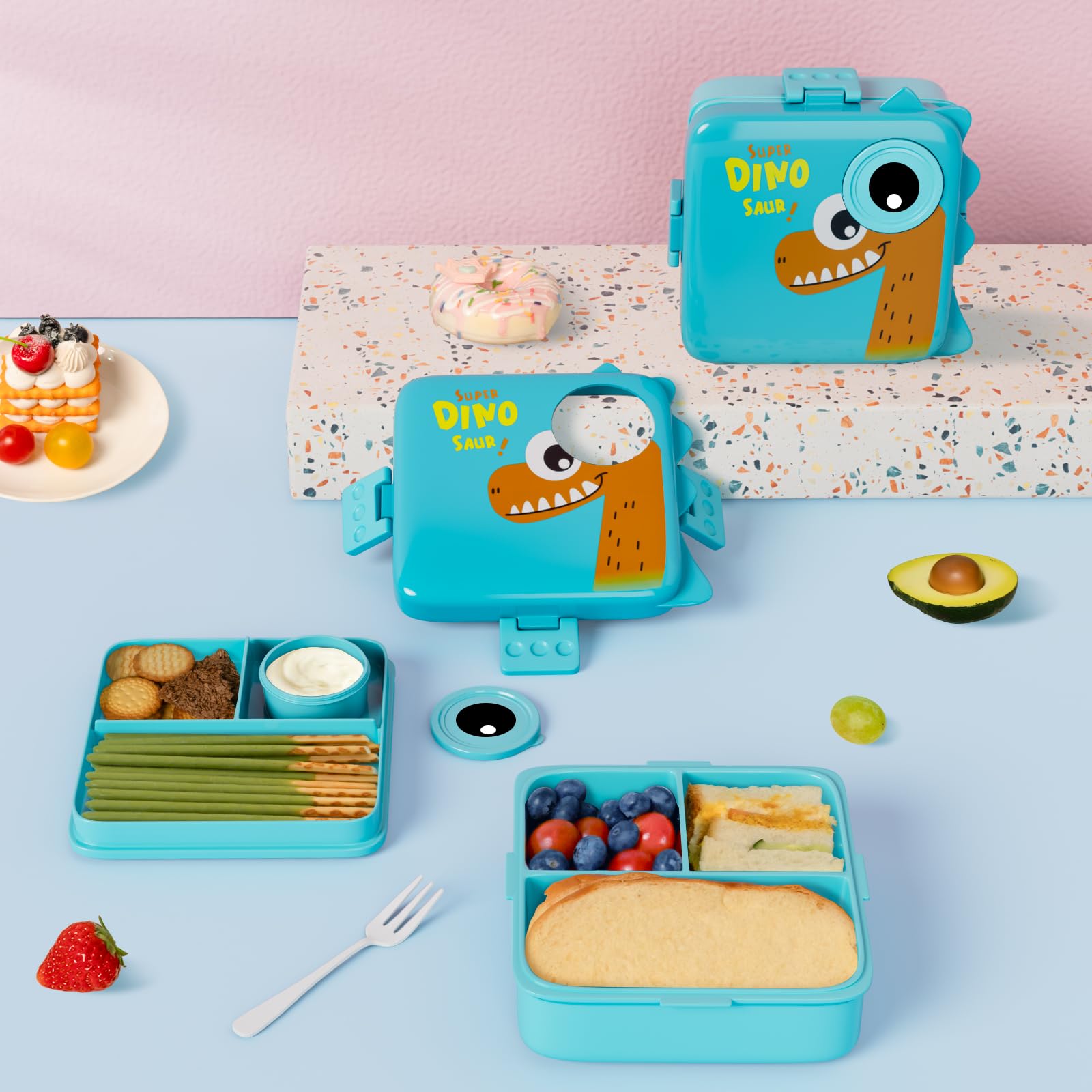 Freshmage Plastic Double-Layer Bento Box Container with 3 Compartments, Large Capacity Leakproof and BPA Free Bento Lunch Box, Durable,Drop-Proof, Dishwasher and Microwave Safe, Blue