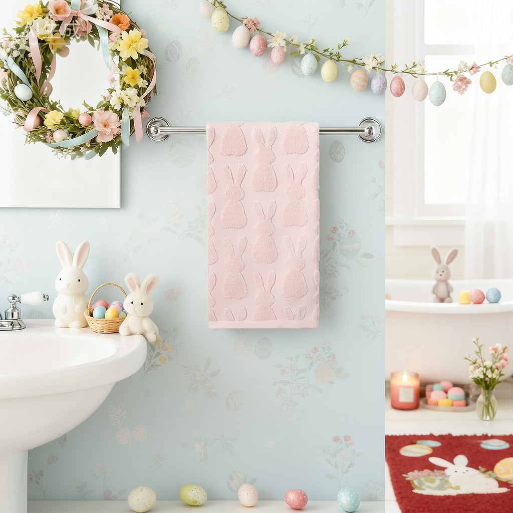 Artoid Mode 2 Pcs Beige 3D Rabbit Jacquard Easter Hand Towels for Bathroom, 100% Cotton Soft Absorbent Bathroom Decor Towels, 13.7 x 29.5 Inch