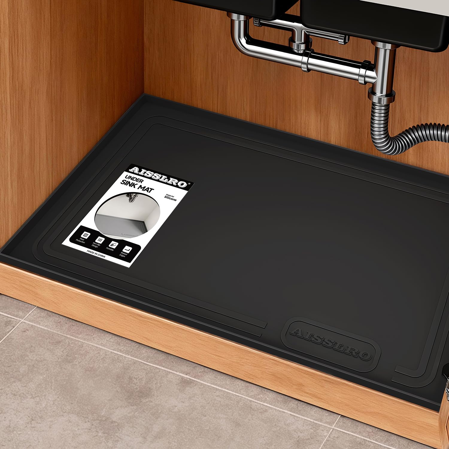 Aisslro Under Sink Mat 22" X 19", Waterproof Silicone Cabinet Protector with Raised Edge, Kitchen & Bathroom Leak Tray, Shelf Liner & Pet Feeding Mat for Dog Cat Food Mats, Light Gray