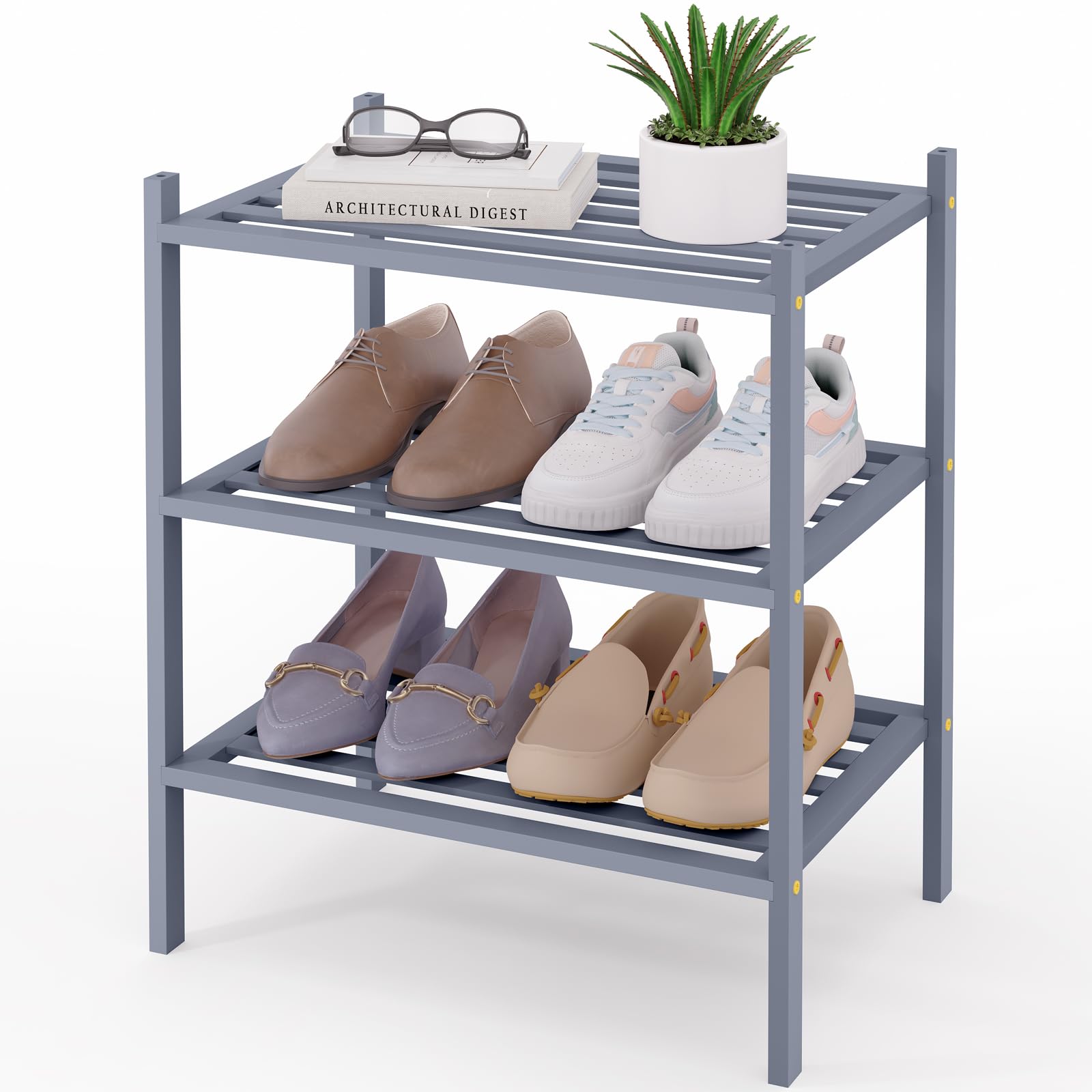 Smiry Bamboo Shoe Rack 3-Tier, Stackable Wooden Shoe Organizer for Entryway & Closet, Free Standing Wood Shoe Storage Shelf for Front Door & Small Spaces, Natural