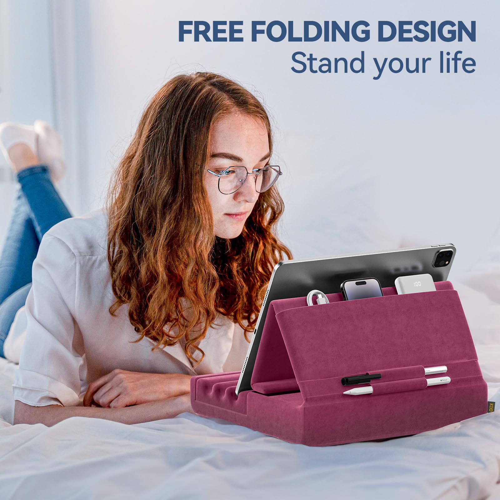 KDD Tablet Pillow Holder, Foldable iPad Stand for Lap, Bed and Desk -Tablet Soft Pad Dock with Pocket & Stylus Mount Compatible with iPad Pro 12.9, 10.5, 9.7 Air Mini 6 5 4 3, Galaxy Tab,E-Reader